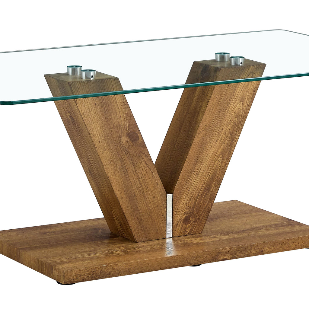 A modern minimalist style coffee table. Transparent tempered glass tabletop with wooden MDF columns. Suitable for living room and dining room.  CT-V
