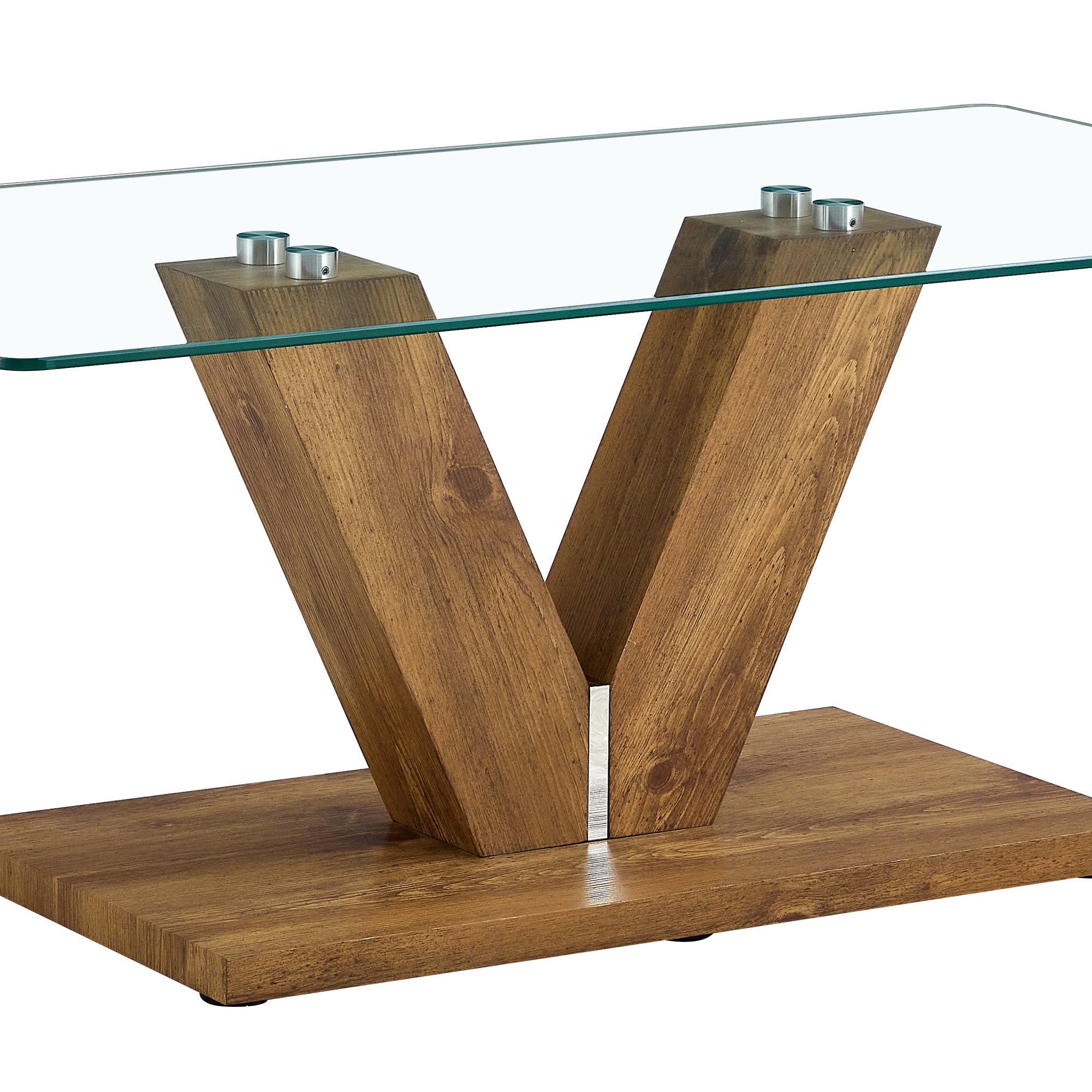 A modern minimalist style coffee table. Transparent tempered glass tabletop with wooden MDF columns. Suitable for living room and dining room.  CT-V