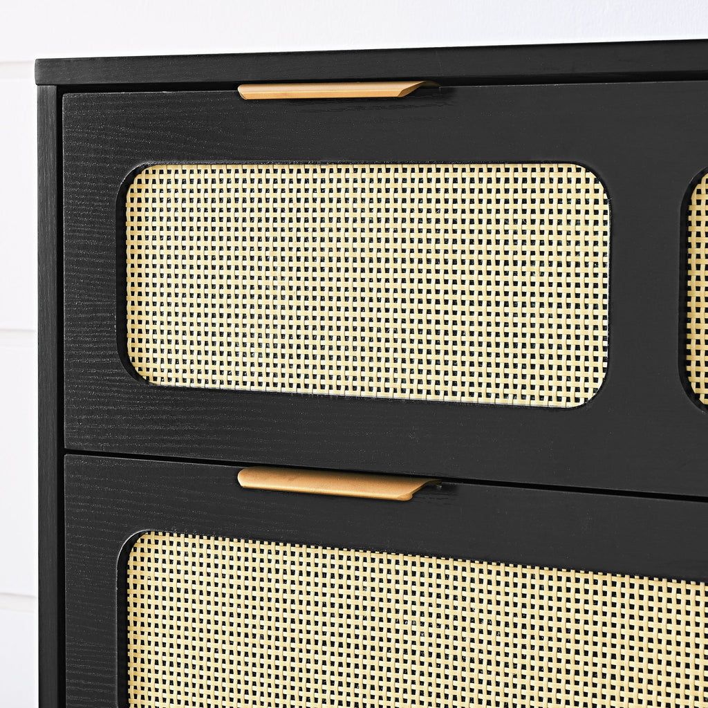 3 drawer dresser, modern rattan dresser cabinet with wide drawers and metal handles, farmhouse wooden storage chest of drawers for room, living room, hallway, entrance, office