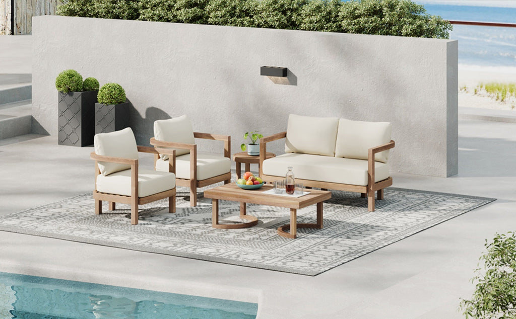 5-Pieces Acacia Wood Patio Furniture Set, Outdoor Furniture with Coffee Table, Patio Conversation Set Deep Seating with Soft Cushion, Porch Chairs for Garden, Backyard Porch Balcony, Brown wash, Beige