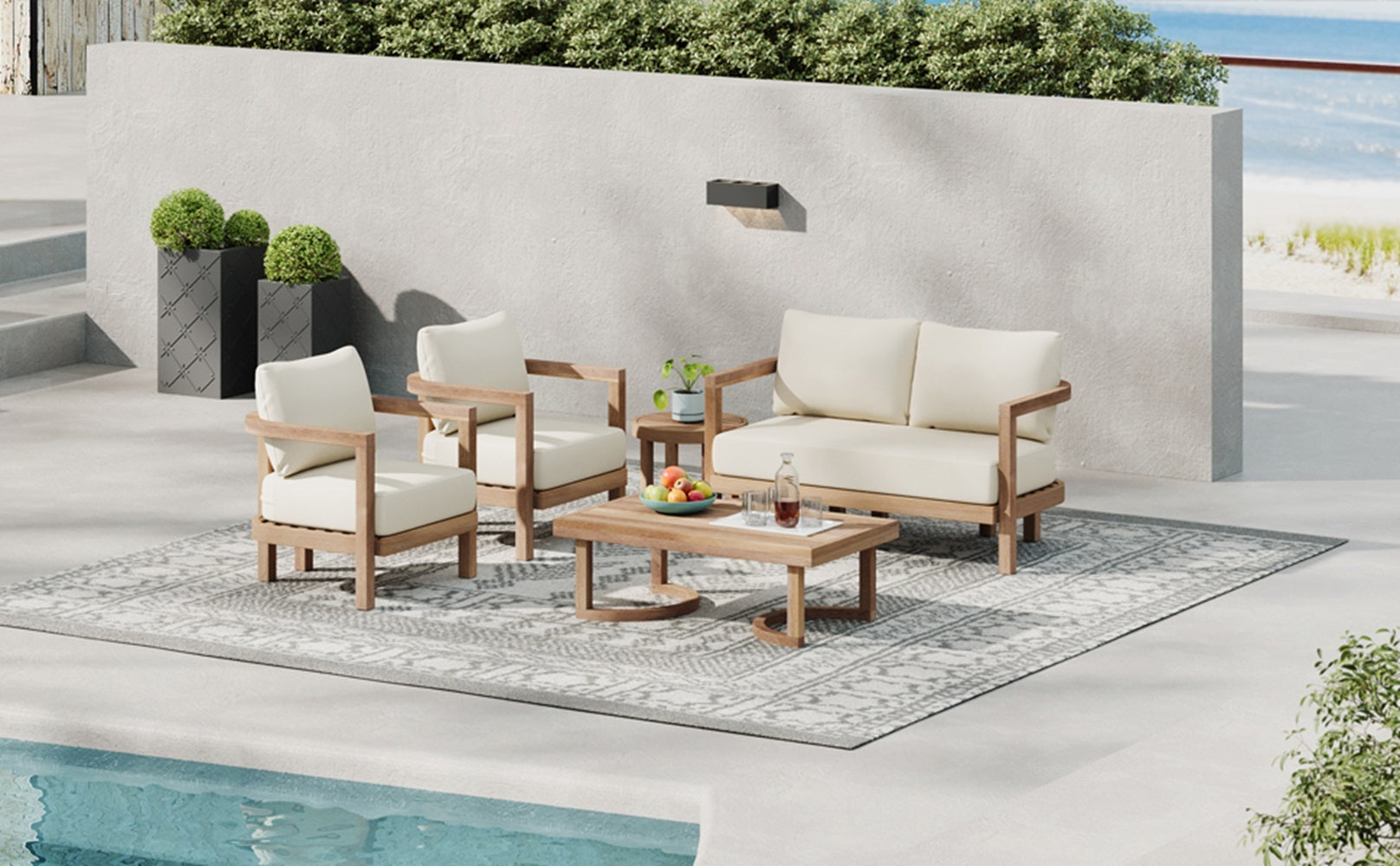 5-Pieces Acacia Wood Patio Furniture Set, Outdoor Furniture with Coffee Table, Patio Conversation Set Deep Seating with Soft Cushion, Porch Chairs for Garden, Backyard Porch Balcony, Brown wash, Beige