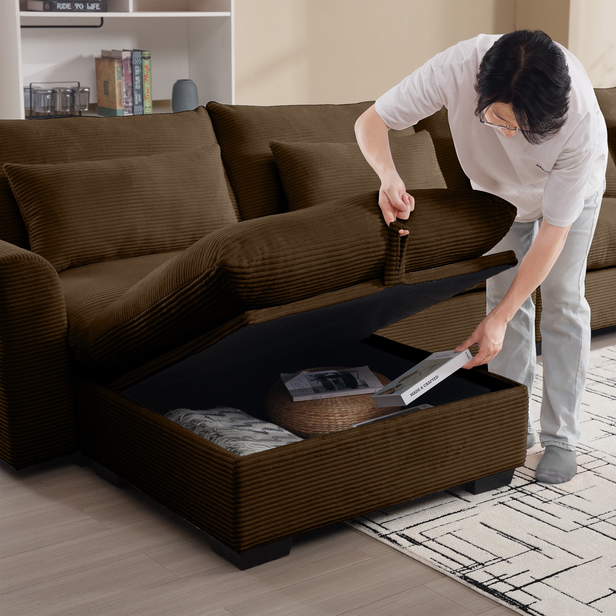 Large L Shape Sectional Corduroy Sofa,Deep Seat Couch with Storage Footstool and 4 Waist Pillows, Brown