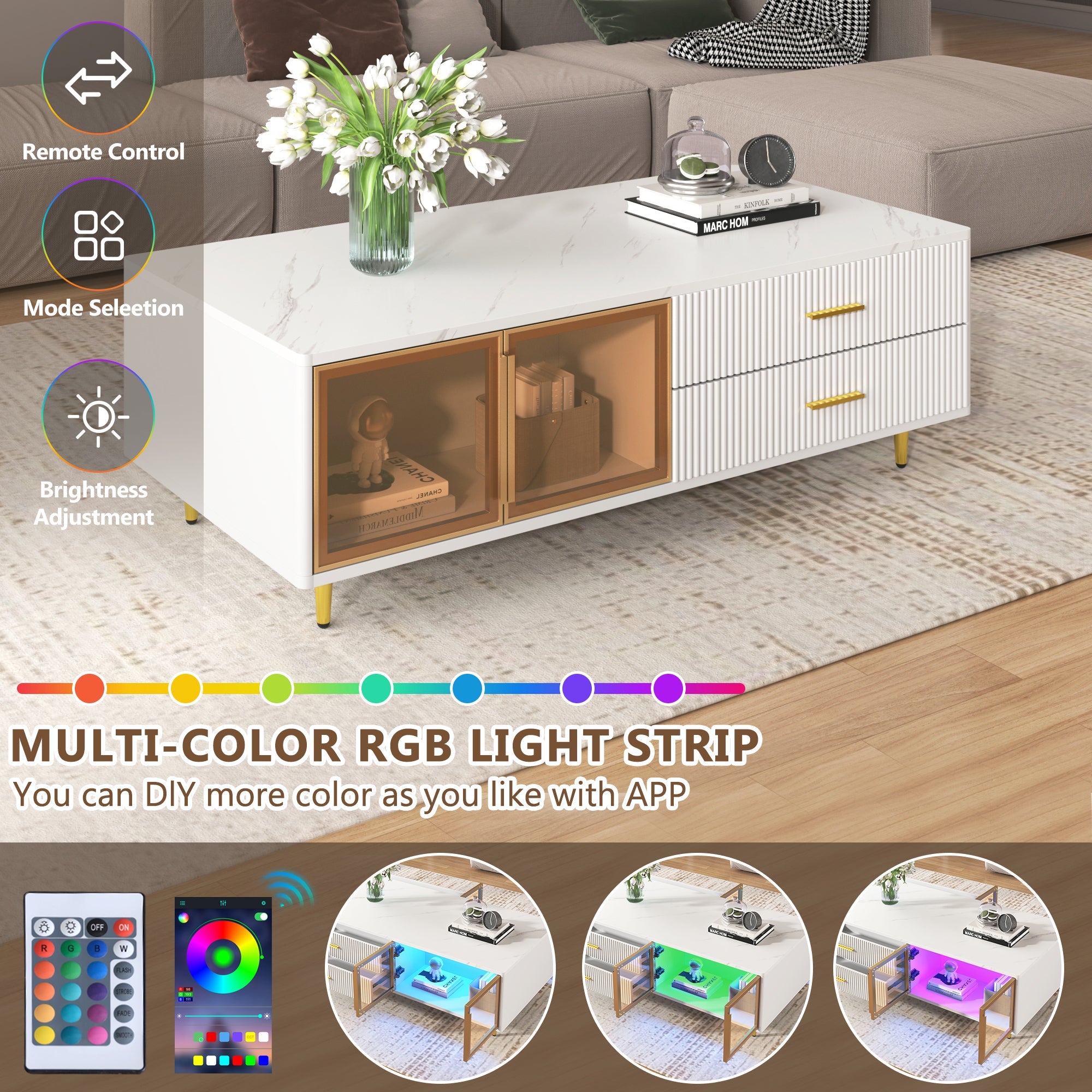 Modern White Coffee Table with 2 Glass Door Storage, 4 Drawers, Gold Metal Legs, and Multi-Color Lighting in 47.2''