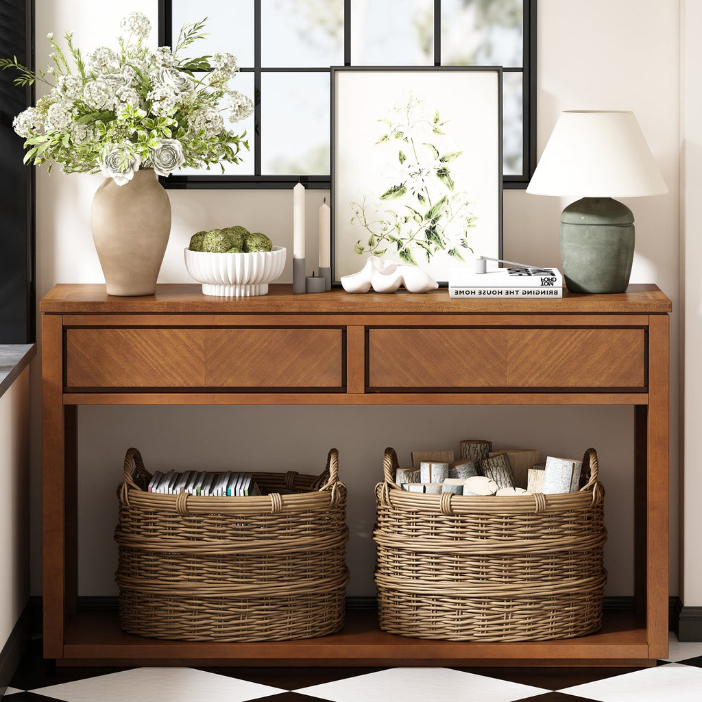 TREXM 55' Console Table, Rustic Wooden Entryway Table with Storage Drawers and Open Shelf, Elegant Sofa Table for Hallway and Living Room (Honey)