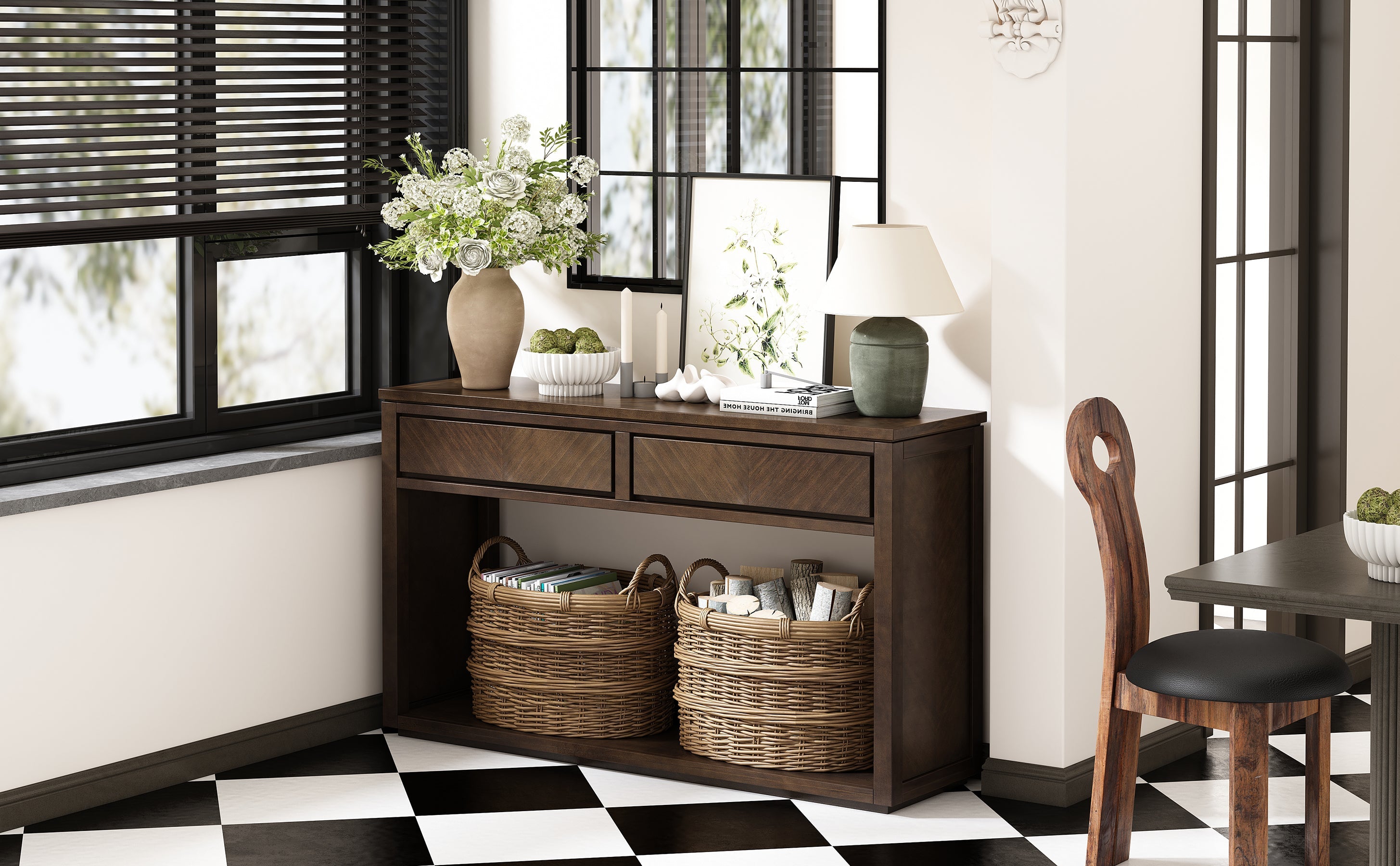 TREXM 55' Console Table, Rustic Wooden Entryway Table with Storage Drawers and Open Shelf, Elegant Sofa Table for Hallway and Living Room (Brown)