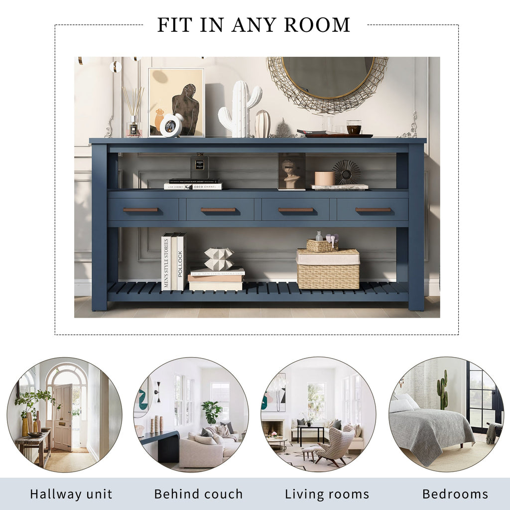 U_STYLE 62.2''Large Entryway Table with 4 Drawers,Painted Console Table with 3-Tier Open Shelves and Metal Handles,Versatile Hallway Sofa Table for Living Room, Bedroom, Foyer and Kitchen