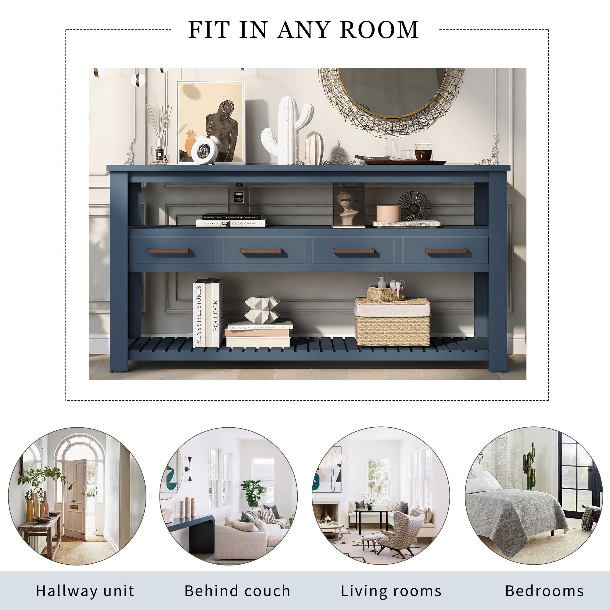 U_STYLE 62.2''Large Entryway Table with 4 Drawers,Painted Console Table with 3-Tier Open Shelves and Metal Handles,Versatile Hallway Sofa Table for Living Room, Bedroom, Foyer and Kitchen