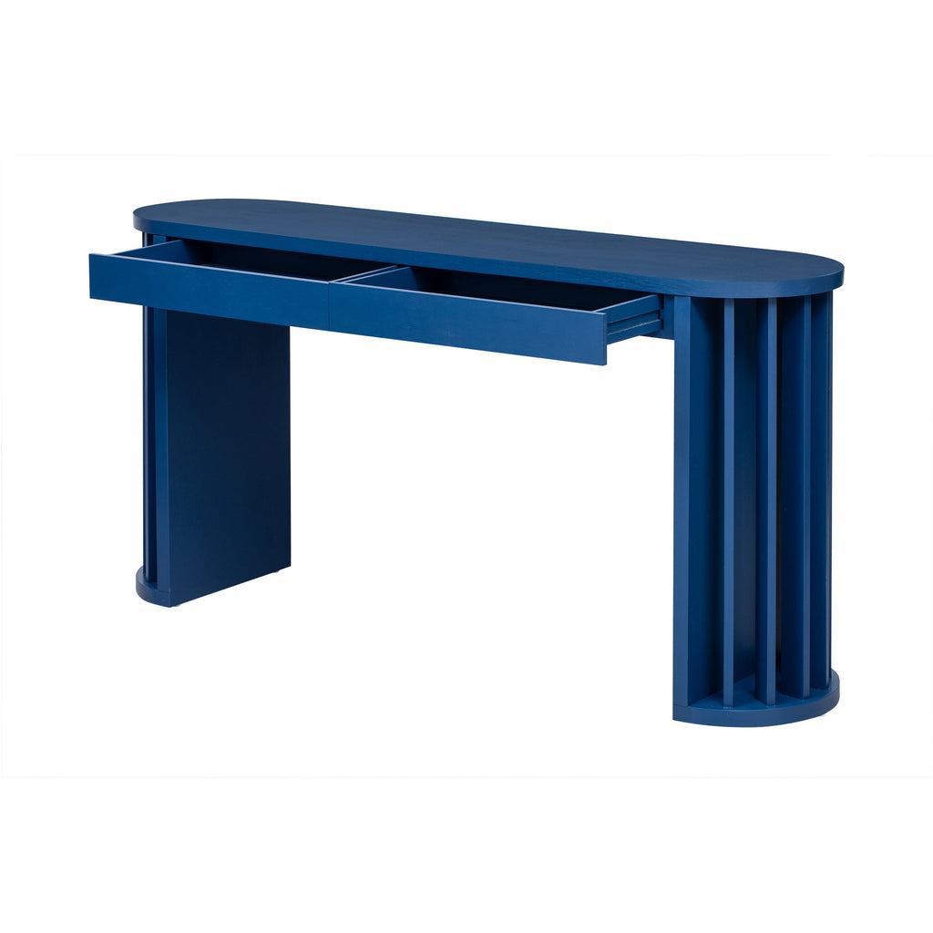 U_Style 59-inch Long Console Table,Oak Veneer Sofa Table,Curved and Straight Line Design,Behind the Couch, Farmhouse Entryway Table for Entrance, Hallway, Living Room (Navy Blue)