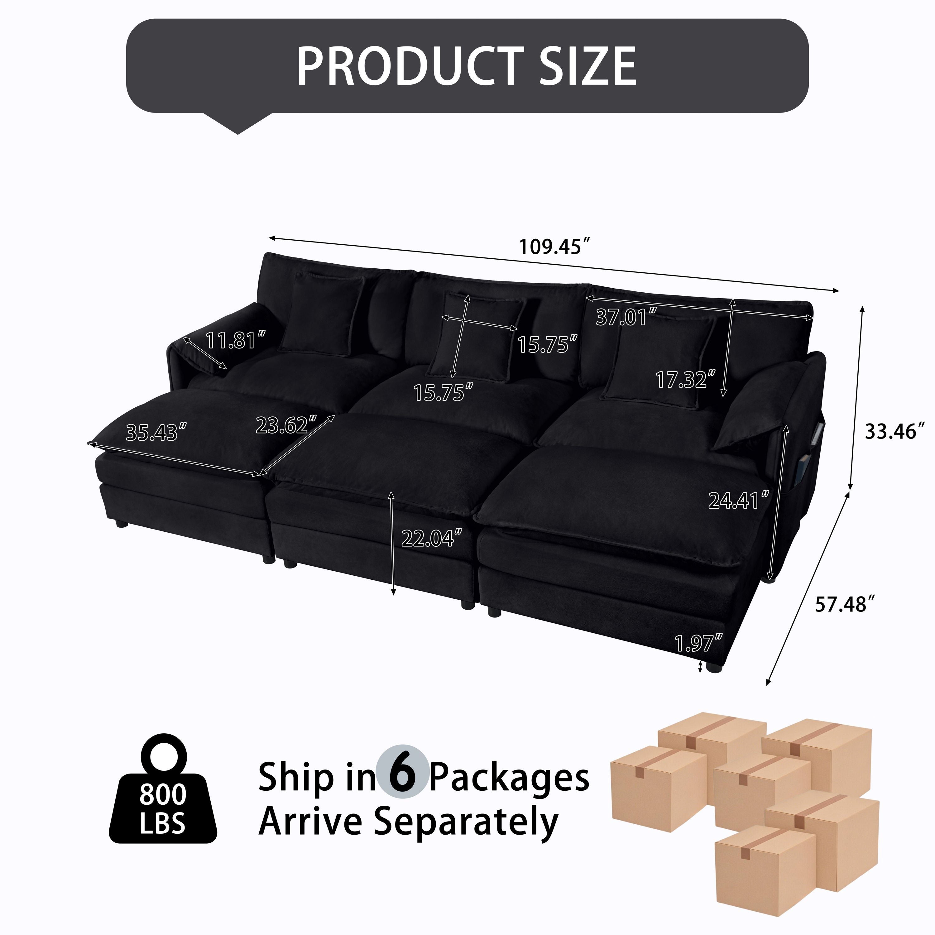 Oversized Deep Seat Sectional Cloud Sofa Sleeper with 3 Ottomans & Soft Pillows, Modular Couch Bed for Living Room, Apartment, DIY Combination Chenille,Black