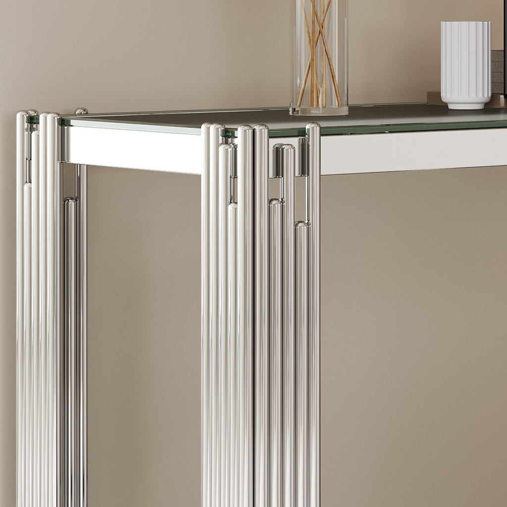 Top and Bottom Double Layer Tempered Glass Console Table and Mirror Finished Stainless Steel Frame