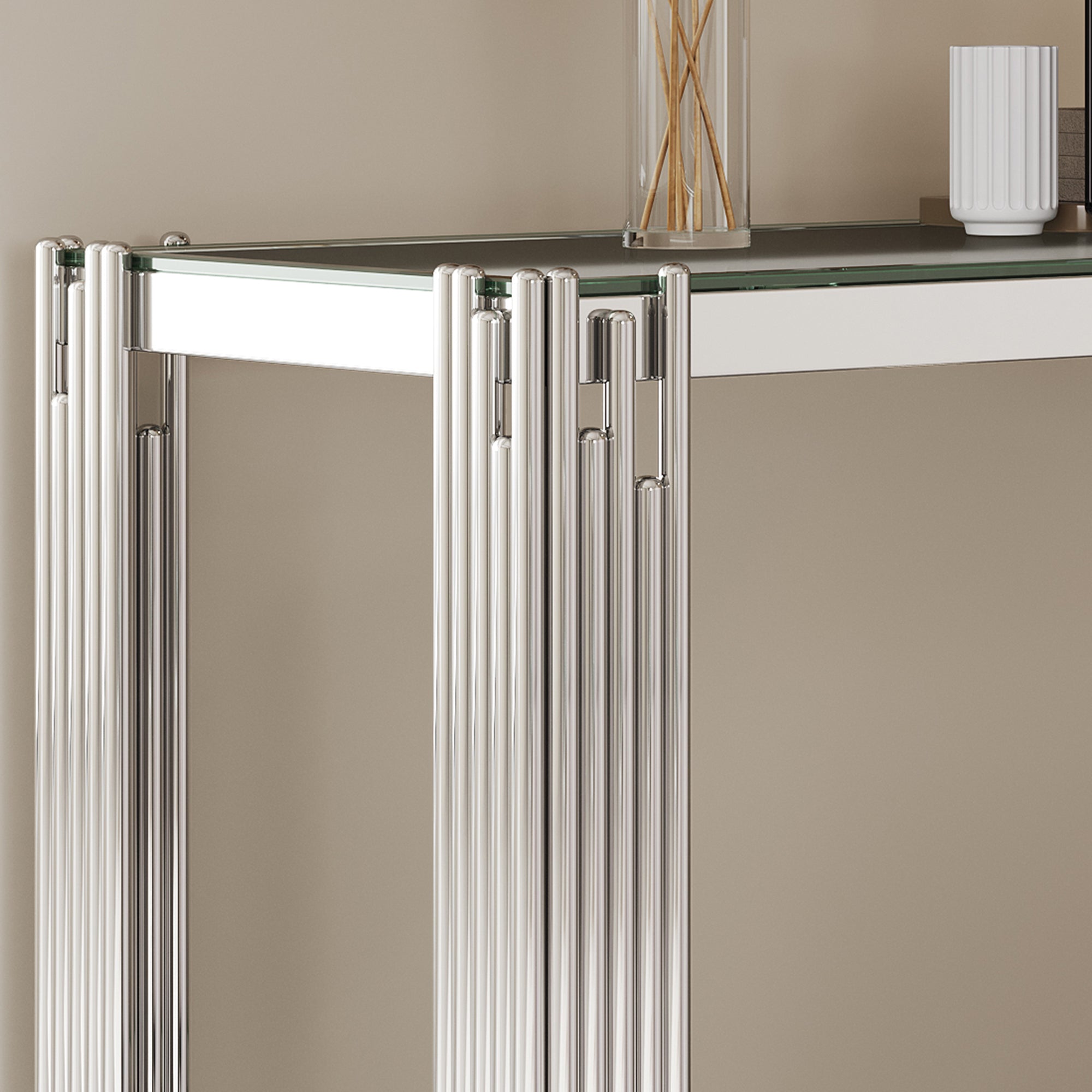 Top and Bottom Double Layer Tempered Glass Console Table and Mirror Finished Stainless Steel Frame