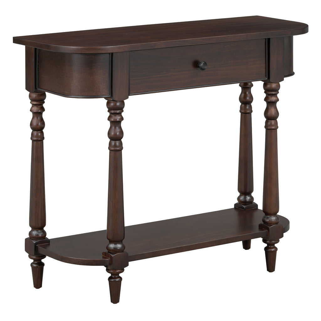 TREXM Narrow Console Table with Curved Corner, Retro Entryway Table with Top Drawer and Open Shelf, Sofa Table Console Tables for Entryway, Hallway and Living Room (Espresso)