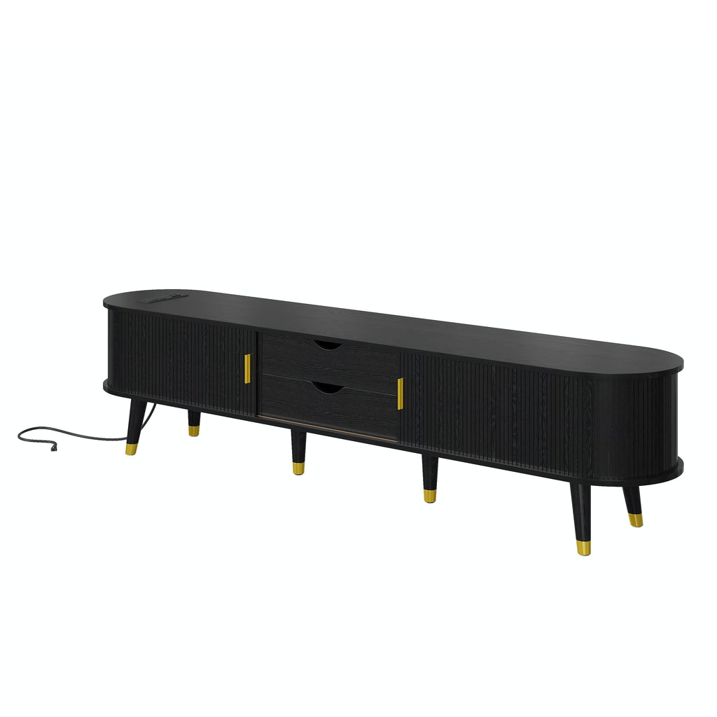 Wooden Oval Fluted TV Stand with Charging Station for TV up to 80', Mid-Century Media Console with Sliding Tambour Door, Farmhouse TV Cabinet with Golden Handle for Living Room, Black