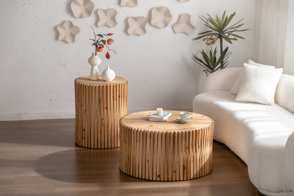 Retro Fashion Style Cylindrical Coffee Table with Vertical Texture Relief Design,Suitable for Living Room,Office,and Dining Room (Set of 2)