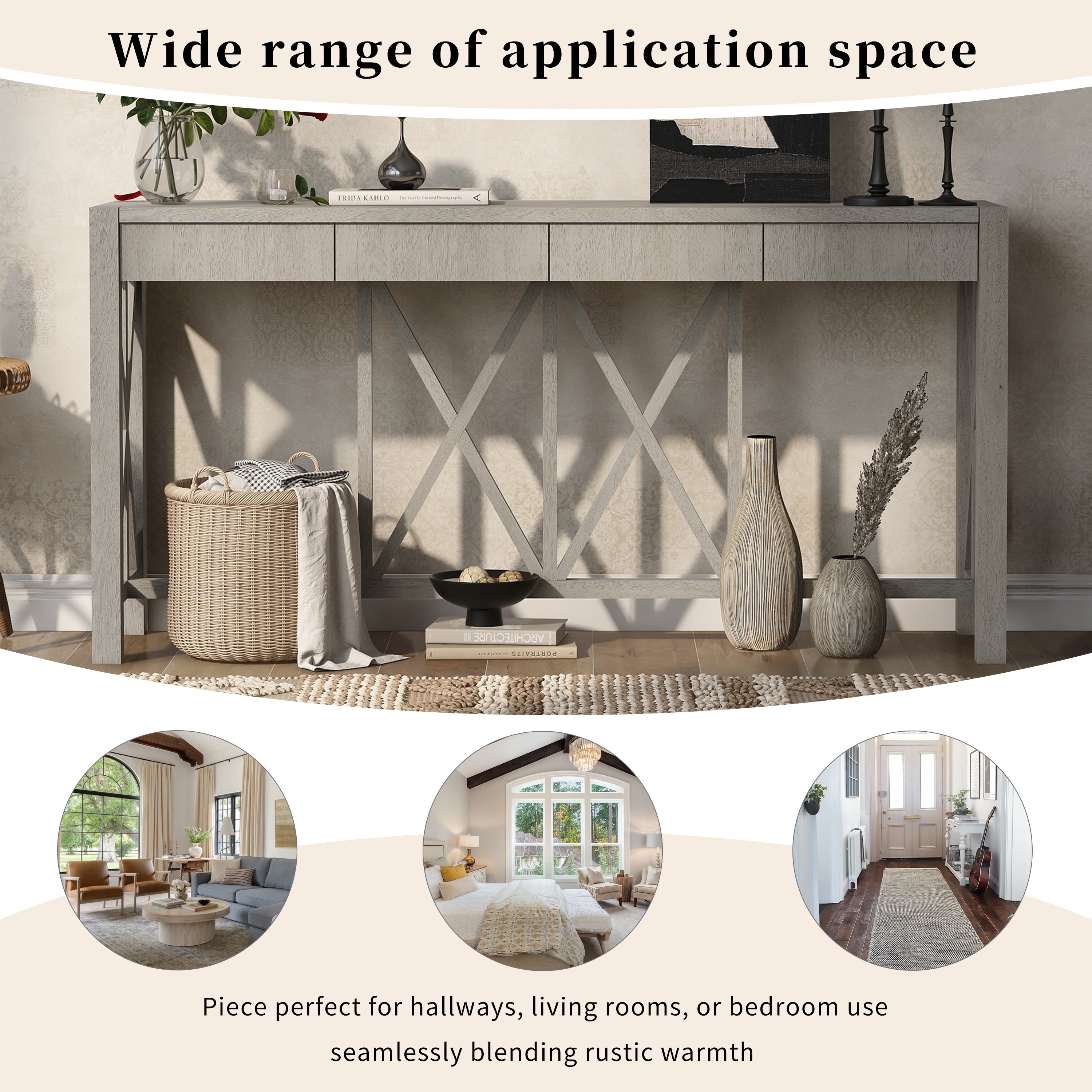 U_Style 60''Acacia Veneer Console Table with 4 Spacious Drawers, Modern Crisscross Design Entryway Table with Open Bottom Storage,Farmhouse Sofa Table for Living Room,Kitchen,Dining Room,Hallway