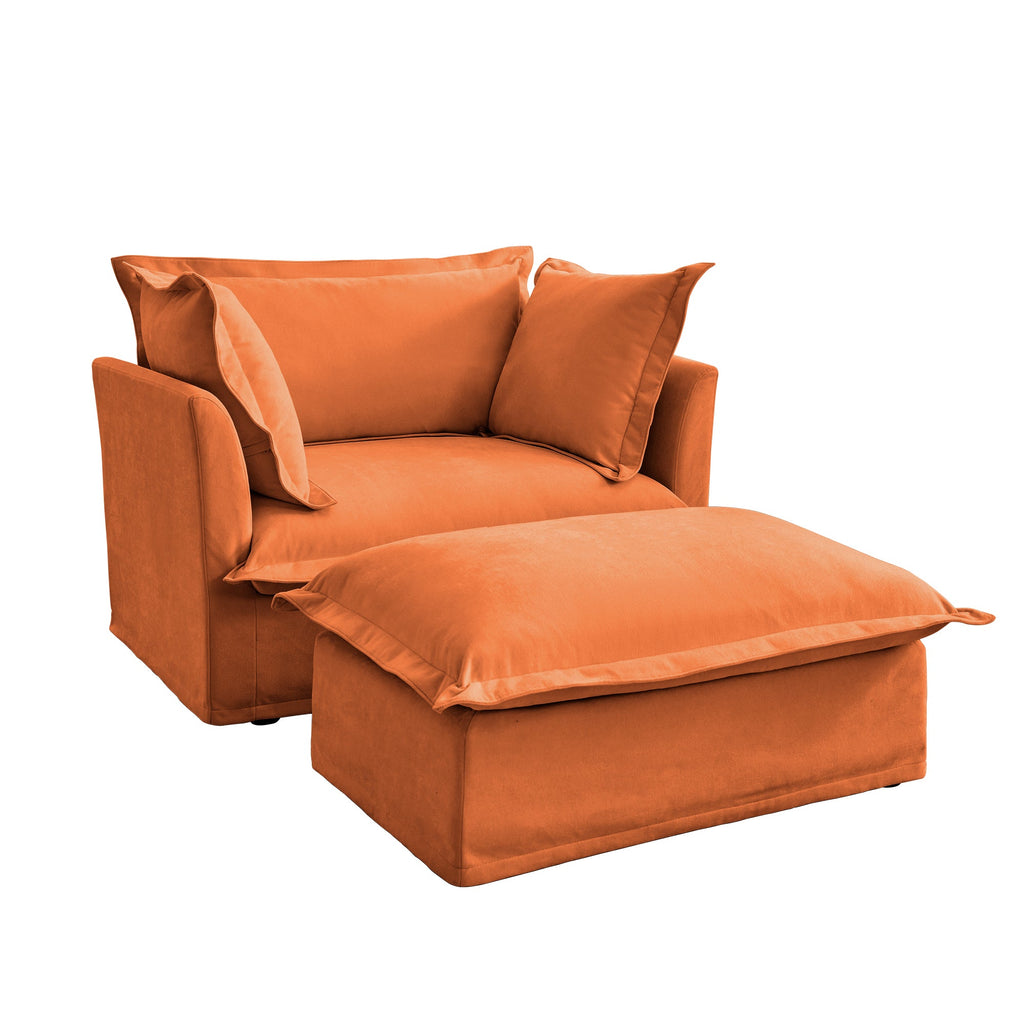 Upholstered Slipcovered Armchair with Ottoman,  Deep Seat Armchair W/ Wide Ottoman for Living Room, Armchair Sets with Large Soft Pillows(Set of 2),Chenille Fabric,Orange