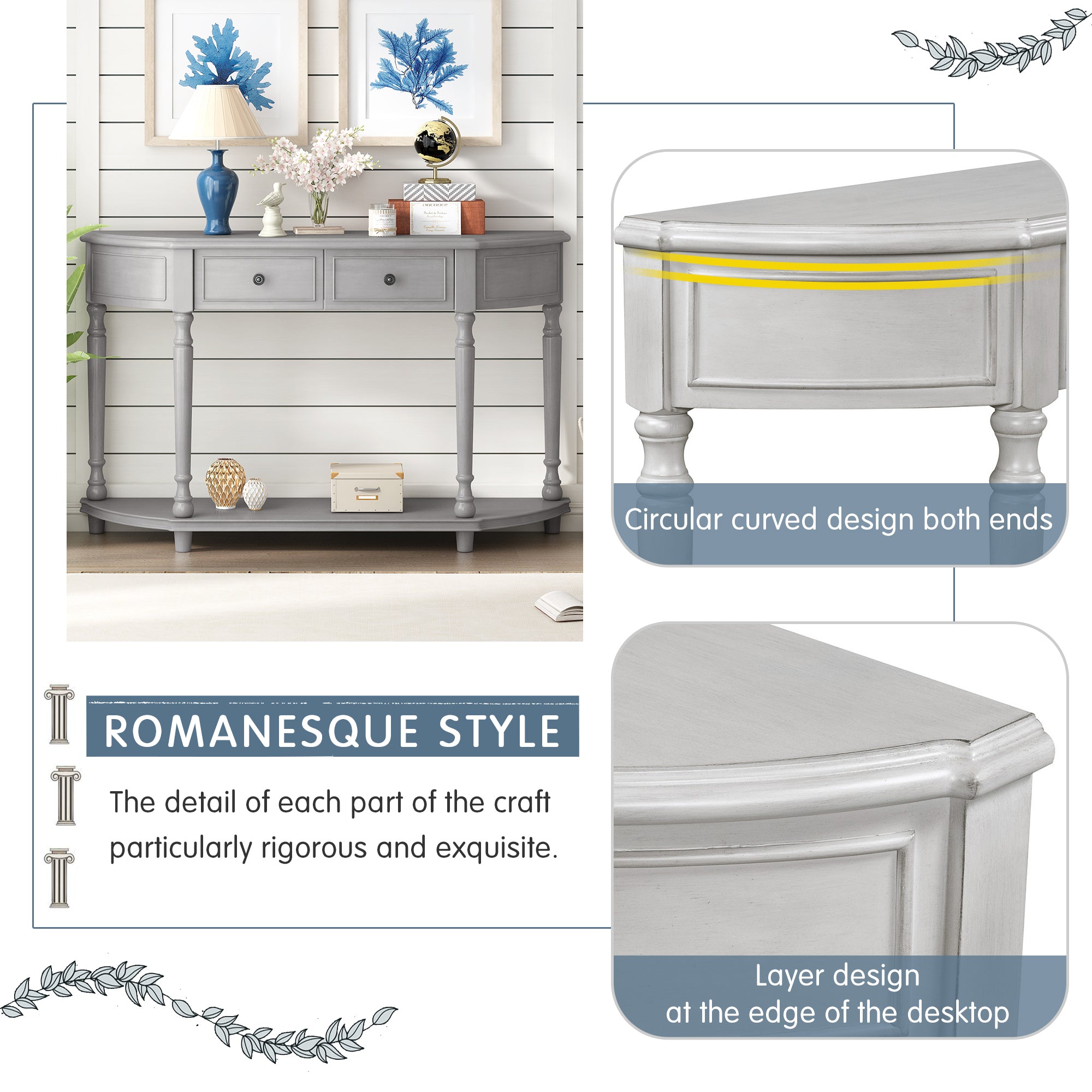 TREXM Retro Circular Curved Design Console Table with Open Style Shelf Solid Wooden Frame and Legs Two Top Drawers (Gray Wash, OLD SKU: WF298768AAE)