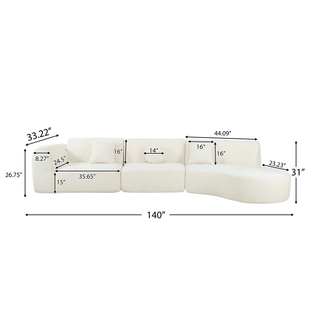 140' Modern Curved Sectional Sofa with High-Density Fully Compressed Sponge and Chaise Lounge, 3-Piece Set, Fully Assembled Right Hand Facing, Perfect for Living Room, Lounge