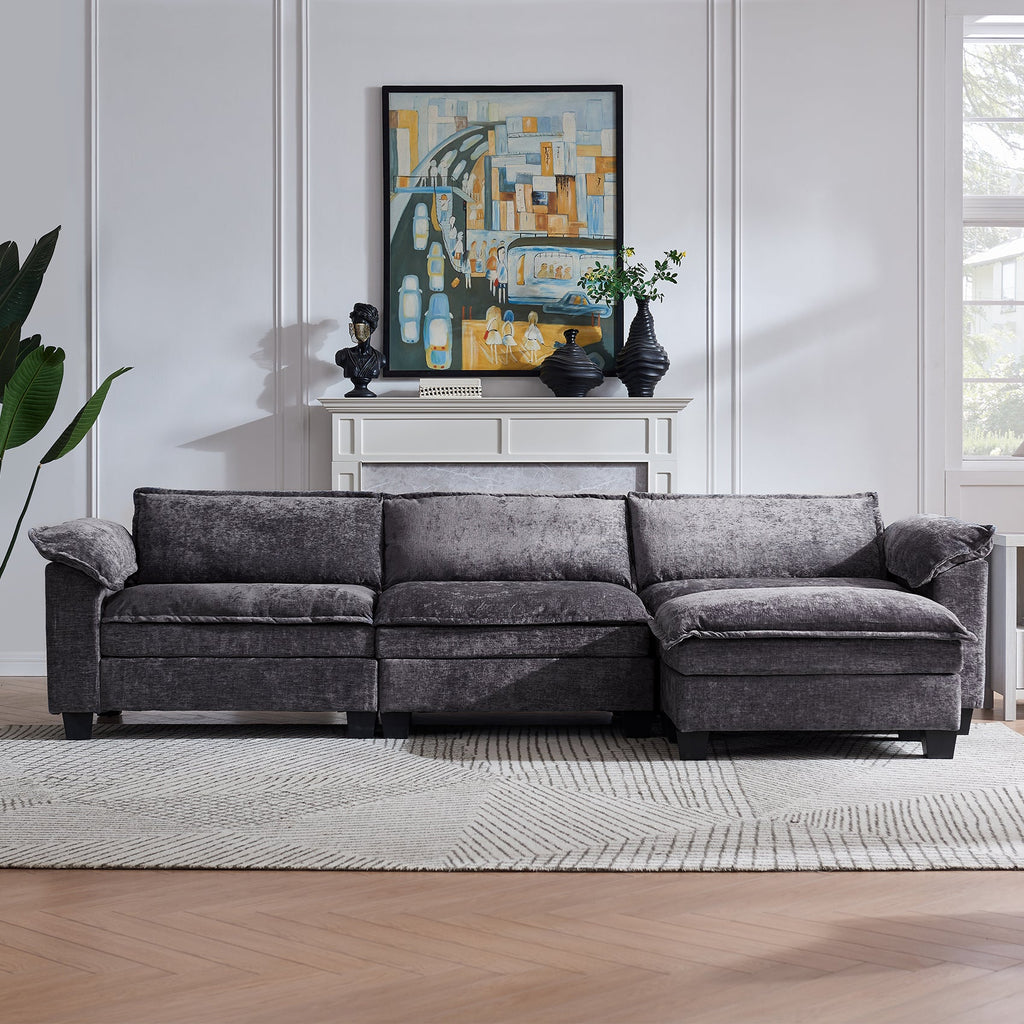 Comfy Modular Sectional Couch with Ottoman, 120' L Shaped 3 Deep Seat Fluffy Cloud Sofa, Modern Sleeper Sofas Soft Couches Set for Living Room, Apartment, Office, Studio, Chenille, Black