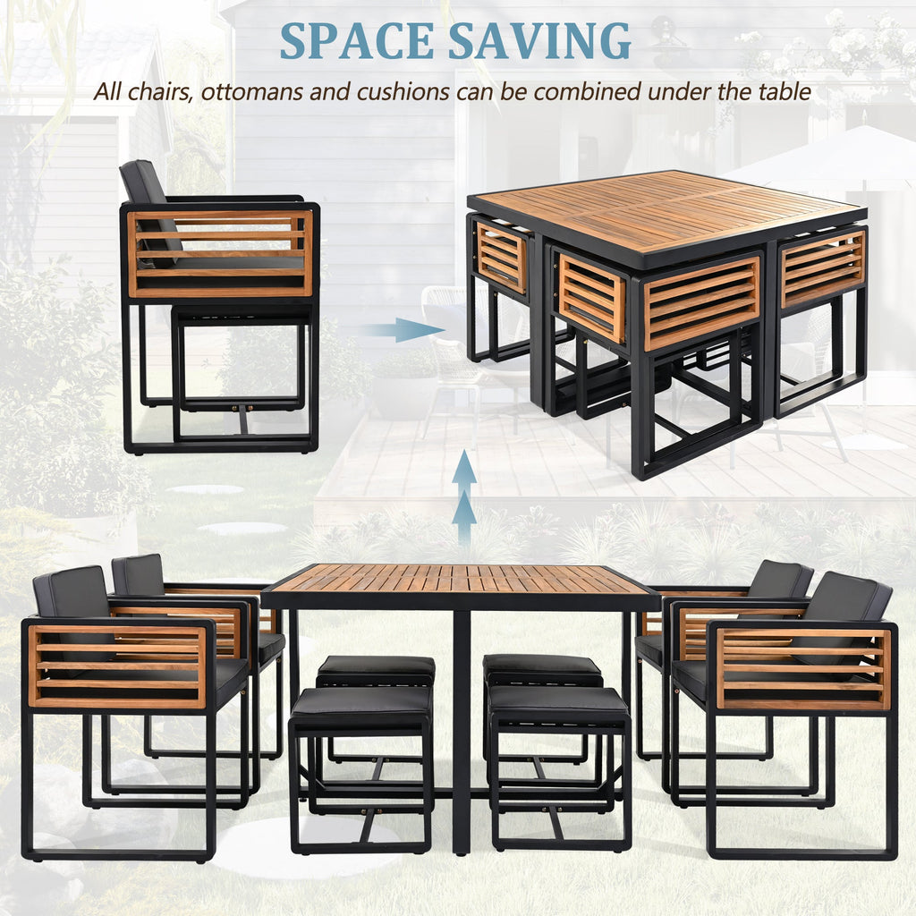 GO 18-Pieces Acacia Wood Patio Dining Set, Space Saving Outdoor Patio Set, 8 Cushioned Chairs & 8 Ottomans & 2 Square Table, for Backyard, Garden, Deck and Poolside, Gray