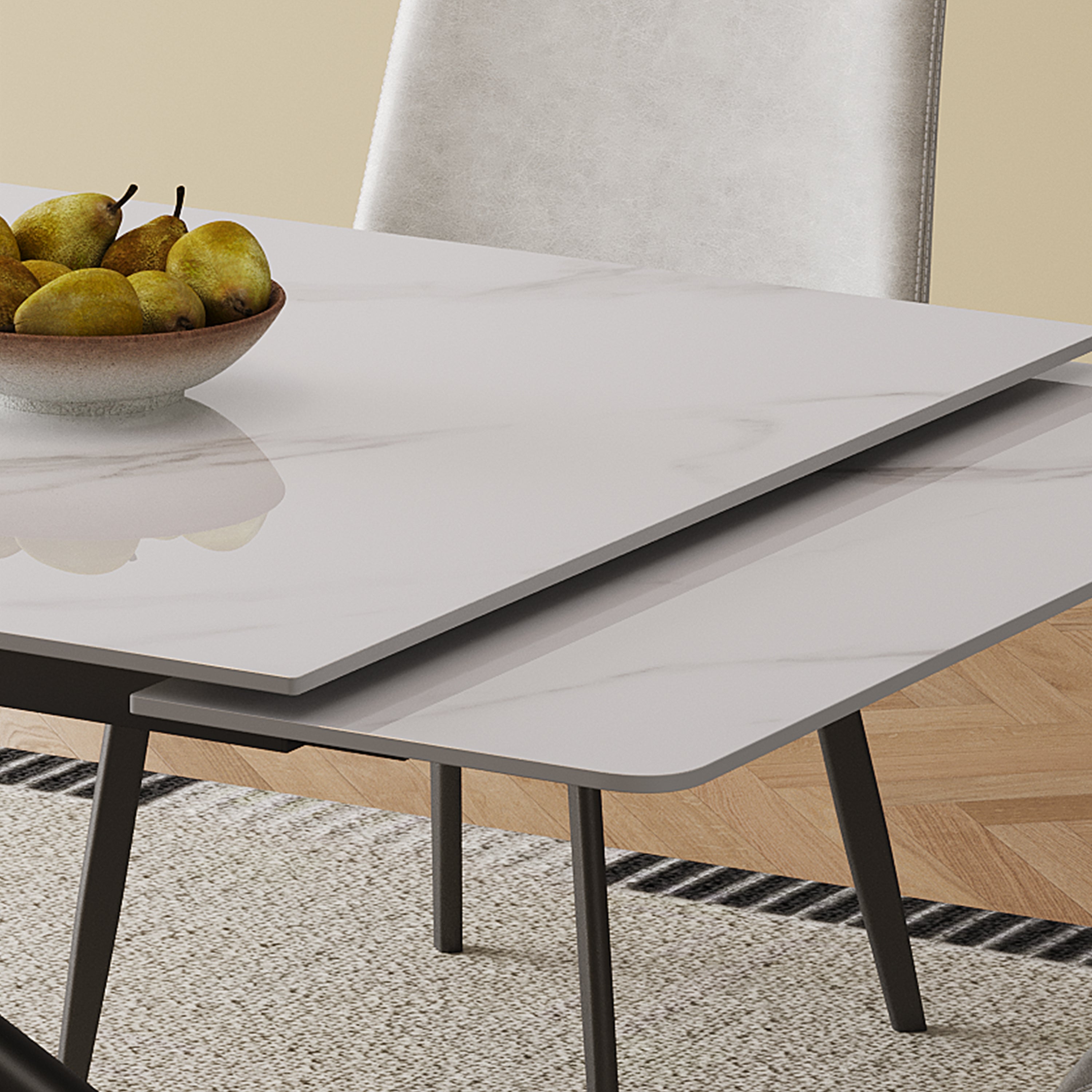 Modern Retractable Sintered Stone Dining Table with Black Carbon Steel Legs, White, 83 Inches for 6-8 Seats