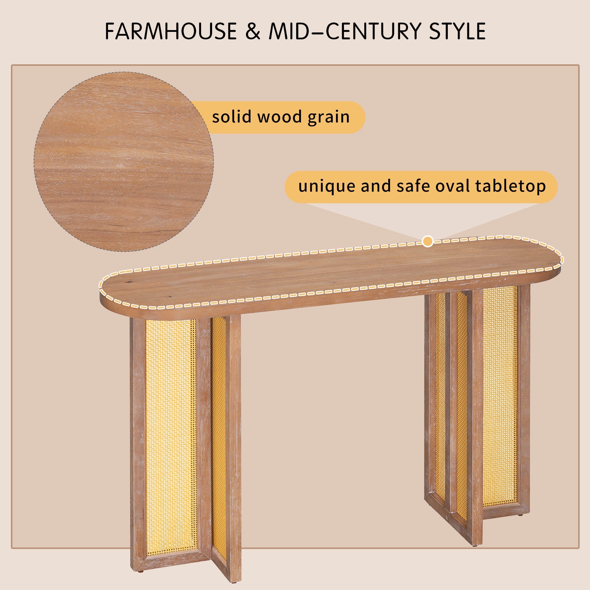 TREXM Farmhouse Rattan Console Table Entryway Table, Narrow Console Table with Storage, Hallway Table for Living Room, Entrance (Natural Wood Wash)