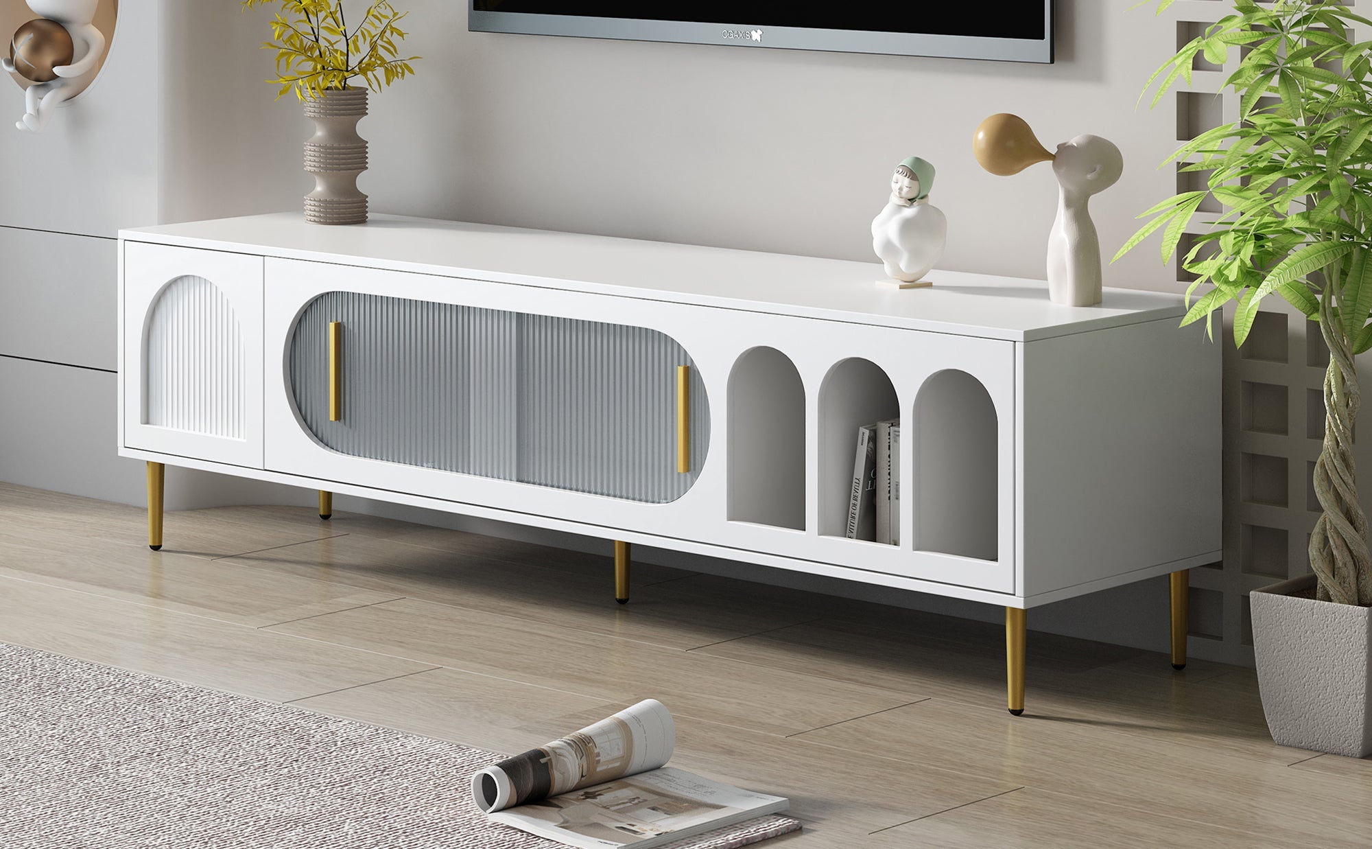 U-Can Modern TV Stand for up to 70 Inch TV, Entertainment Center TV Media Console Table, with 3 Shelves and 2 Cabinets, TV Console Cabinet Furniture for Living Room (Old SKU: WF314645AAK)
