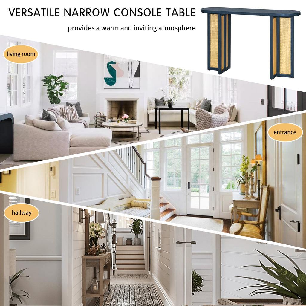 TREXM Farmhouse Rattan Console Table Entryway Table, Narrow Console Table with Storage, Hallway Table for Living Room, Entrance (Navy)