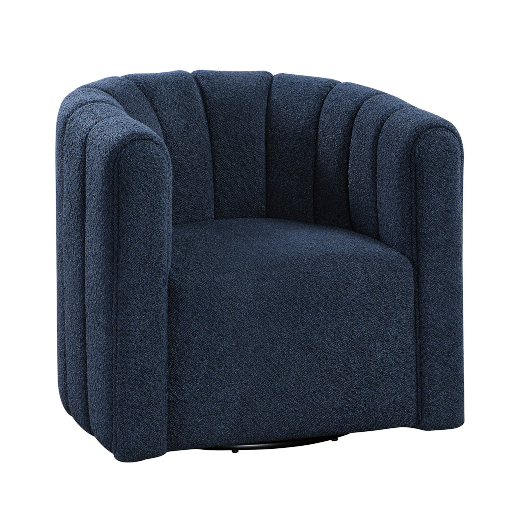 Modern Contemporary Swivel Chair with Ottoman Blue Boucle Fabric Upholstery Solid Wood Living Room Furniture