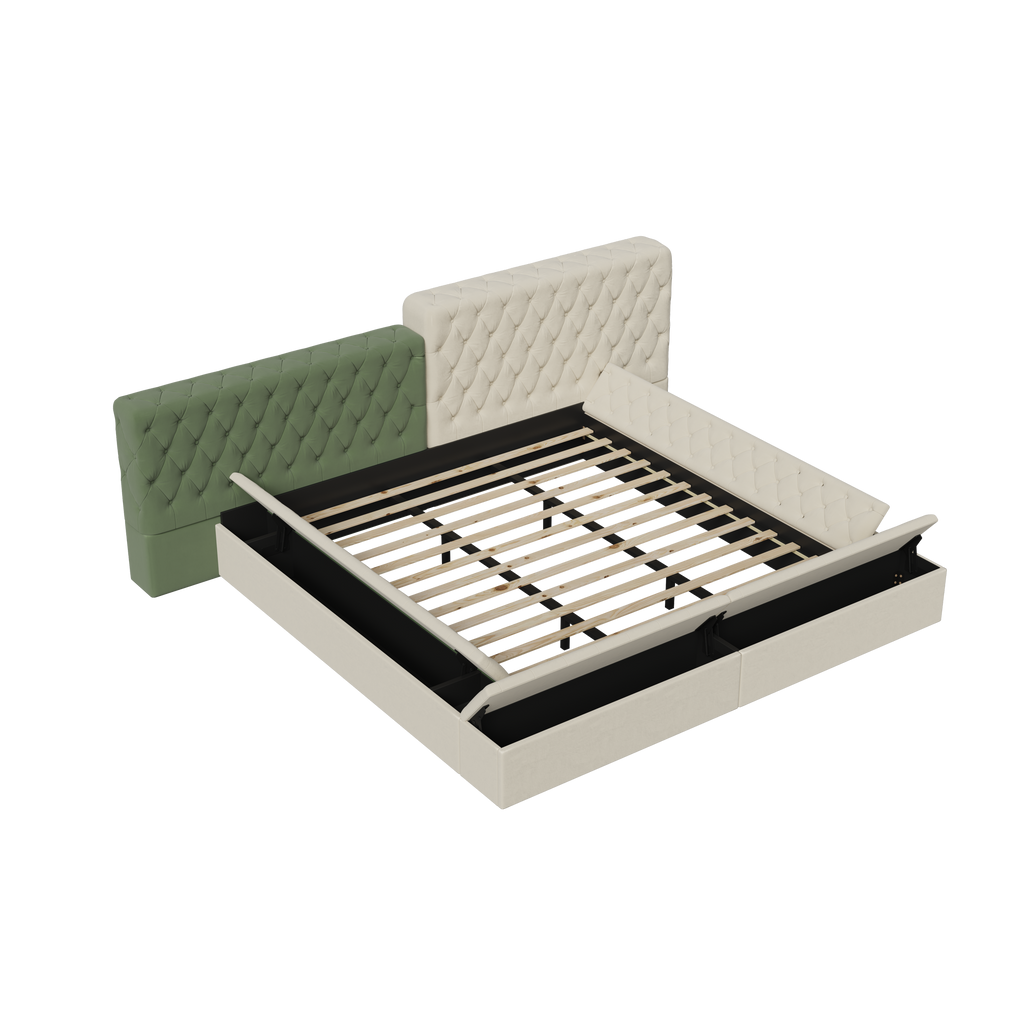 Contemporary Special-shaped Fully Upholstered Bed with Deep Button Tufting and Storage Compartments in Rails and Footboard,No Box Spring Needed,King,Beige