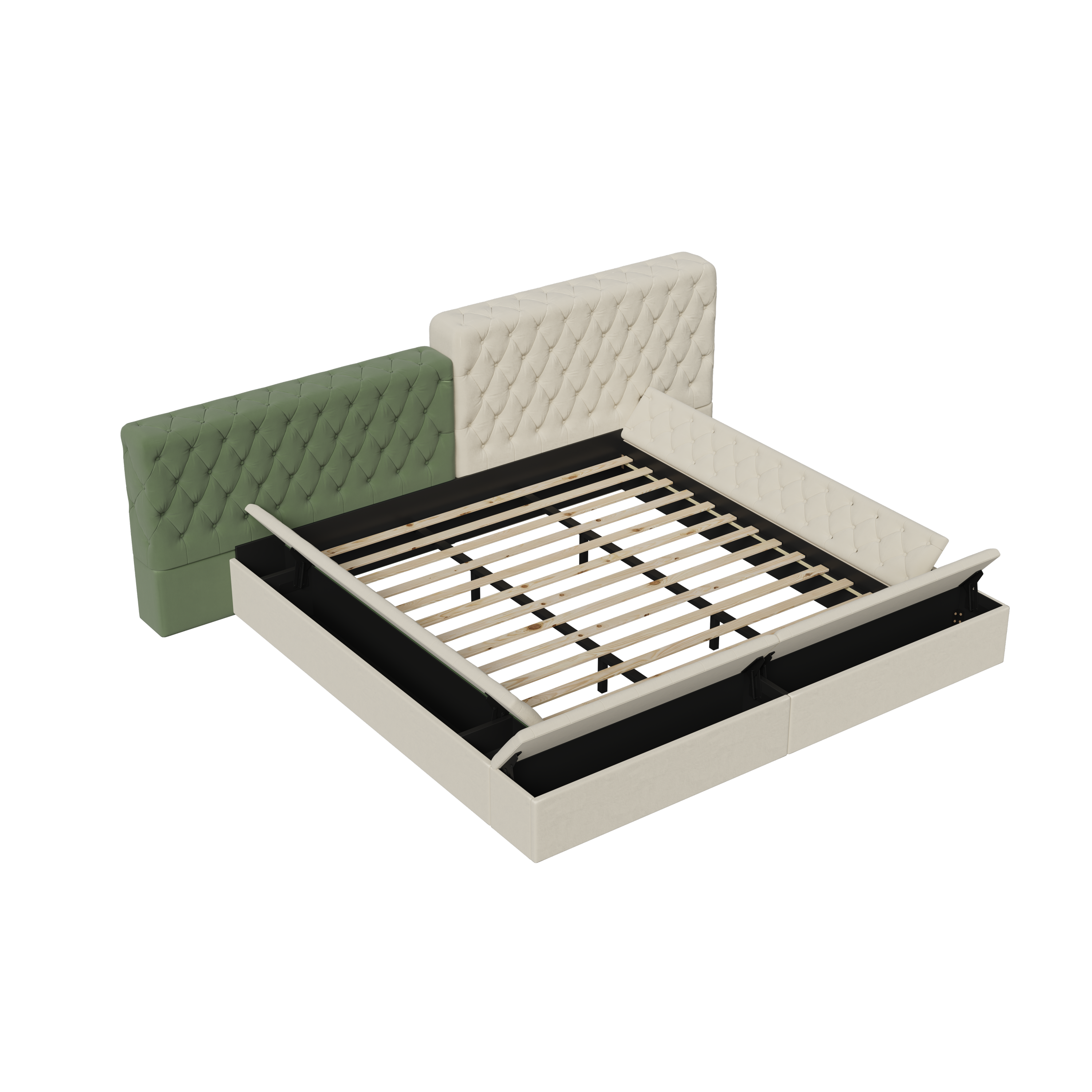Contemporary Special-shaped Fully Upholstered Bed with Deep Button Tufting and Storage Compartments in Rails and Footboard,No Box Spring Needed,King,Beige