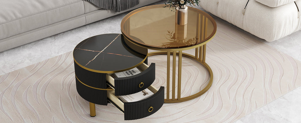 ON-TREND Φ27.5'' & Φ19.6'' Stackable Coffee Table with 2 Drawers, Nesting Tables with Brown Tempered Glass and High Gloss Marble Tabletop, Set of 2, Round Center Table for Living Room, Black