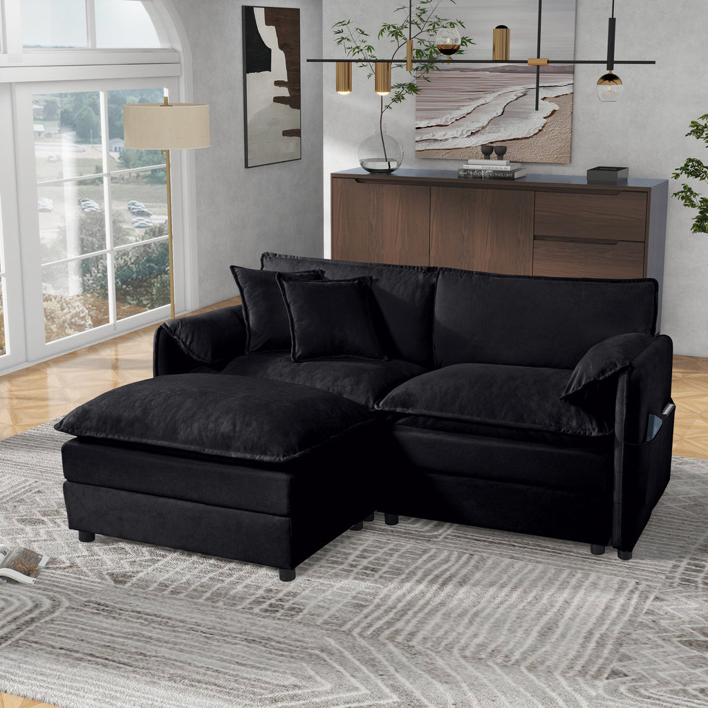 Deep Seat Sectional Sofa Cloud Couch with Ottoman,  Modern Chenille Comfy Love Seat Upholstered Modular L Shaped Couch for Living Room, Apartment, Office,DIY Combination,Black
