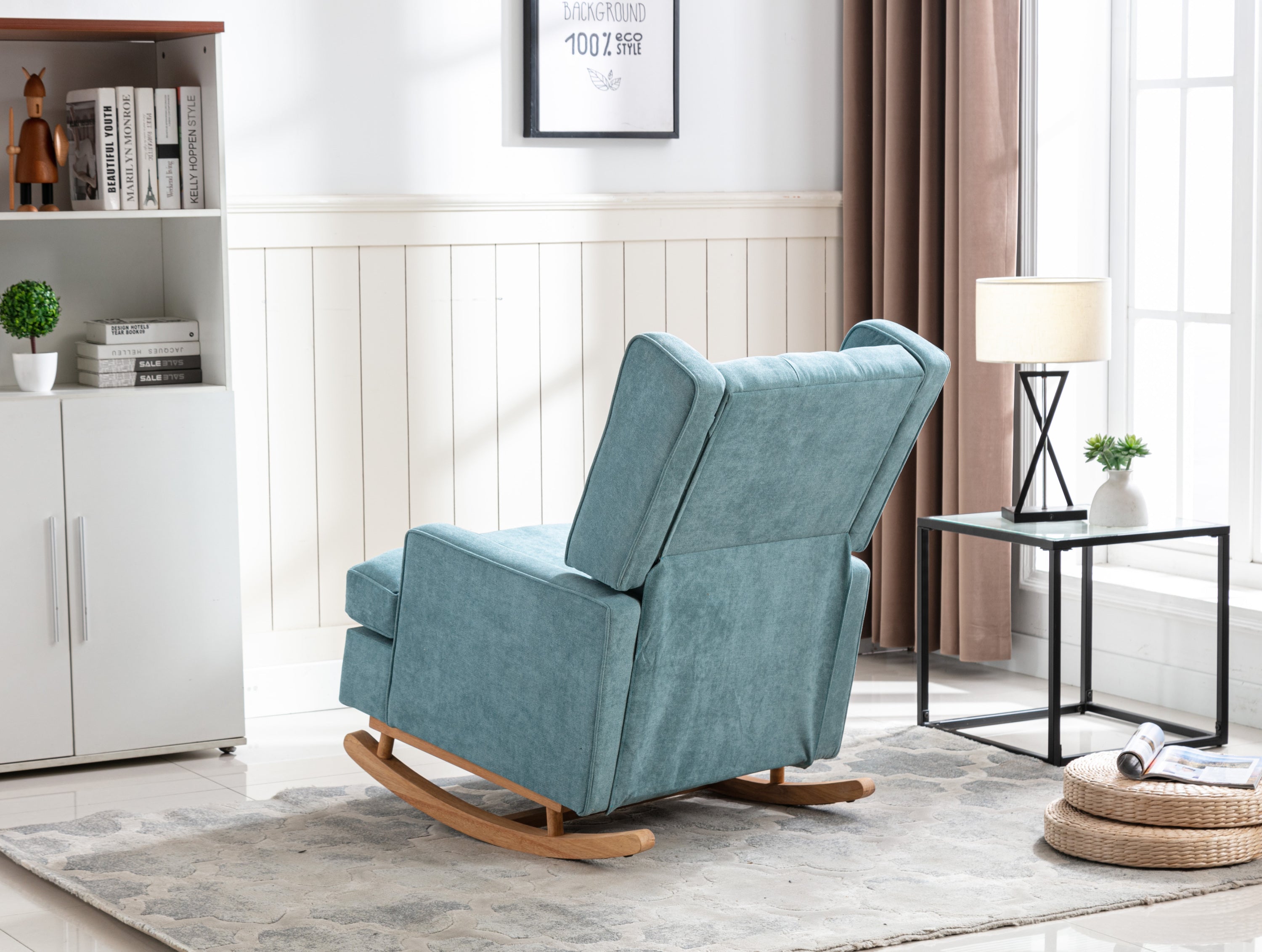 COOLMORE Nursery Rocking Chair Upholstered Mid Century Modern Rocker Oversized Armchair for Living Room with Solid Wood Base (Mint Green)