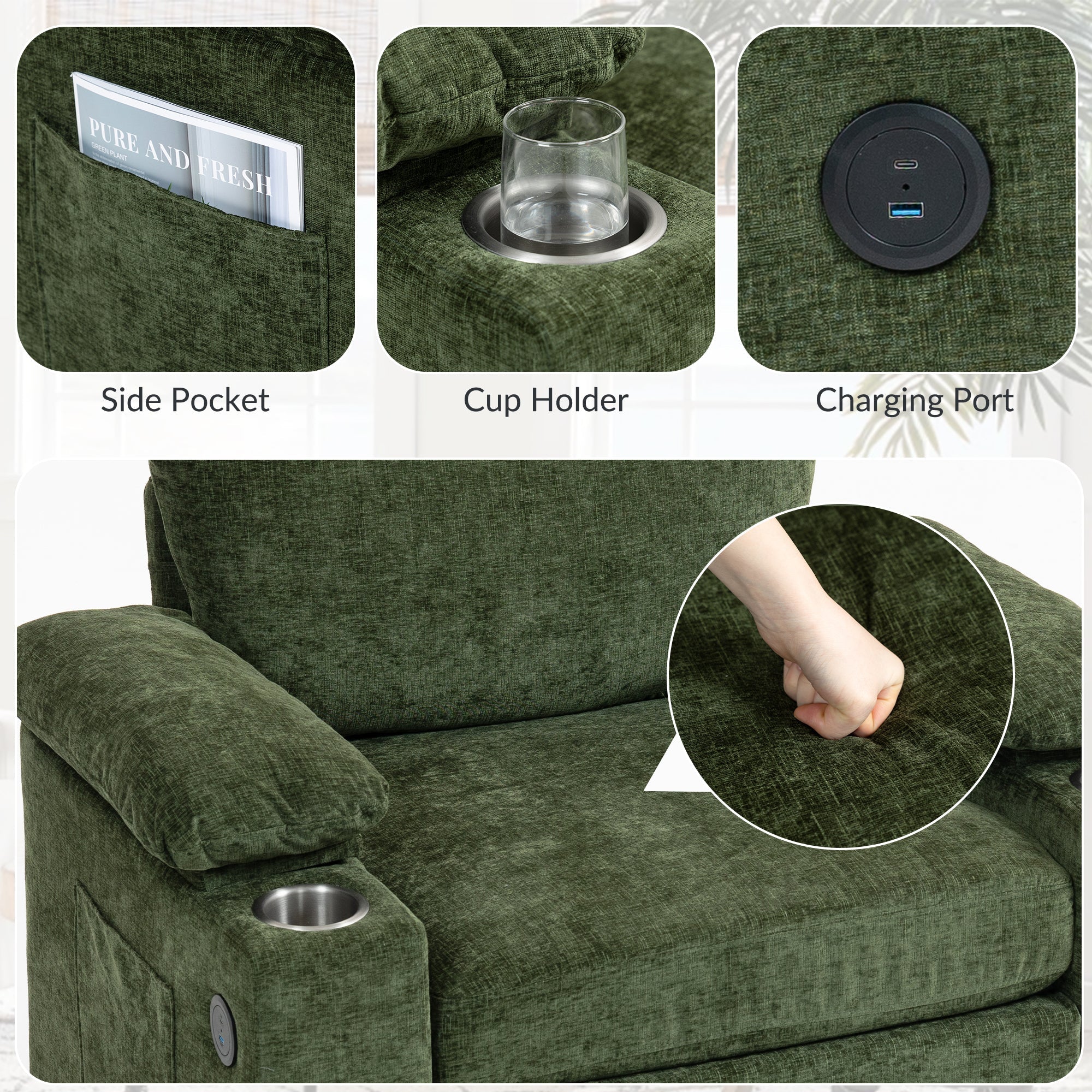 Modern Oversized Chair with Ottoman,Chenille Fabric Sofa Bed,Accent Chair Comfy Sofa with Cupholders and USB Charging Ports Chair for Living Room,Bedroom,Apartment