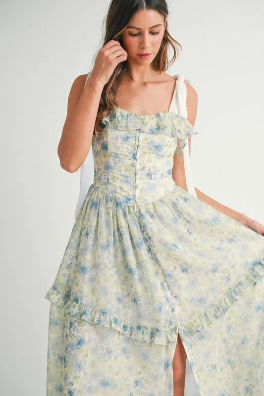 MABLE Floral Printed Shoulder Strap Midi Dress