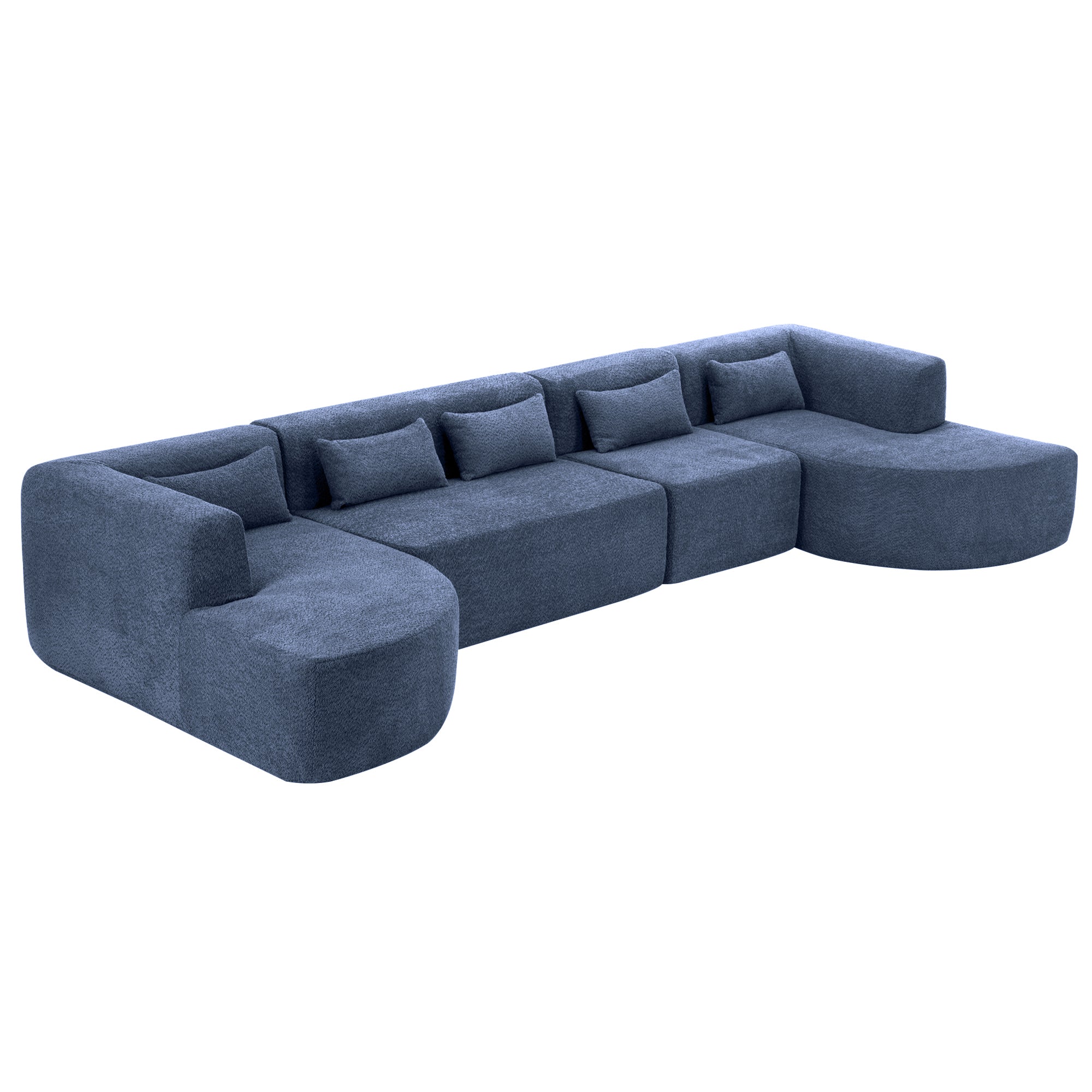 144' Upholstered Sofa Free-combined Sofa Couch with Two Chaise Lounge and Five Back Pillows for Living Room, Blue