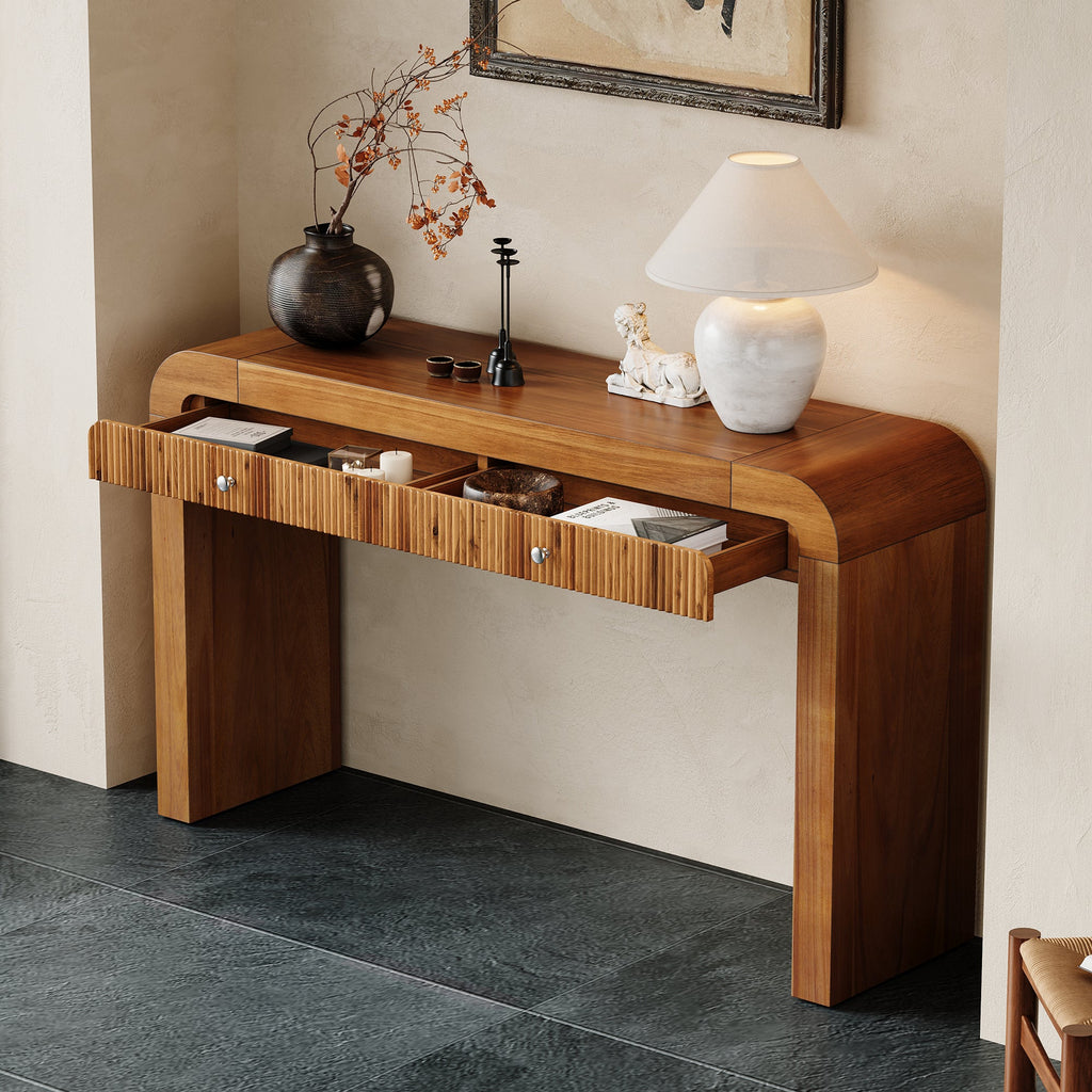 TREXM Rustic Console Table with Fluted Drawer Front, Entryway Table with Curved Corners & Thick Legs, Sturdy Sofa Table for Hallway & Living Room (Brown)