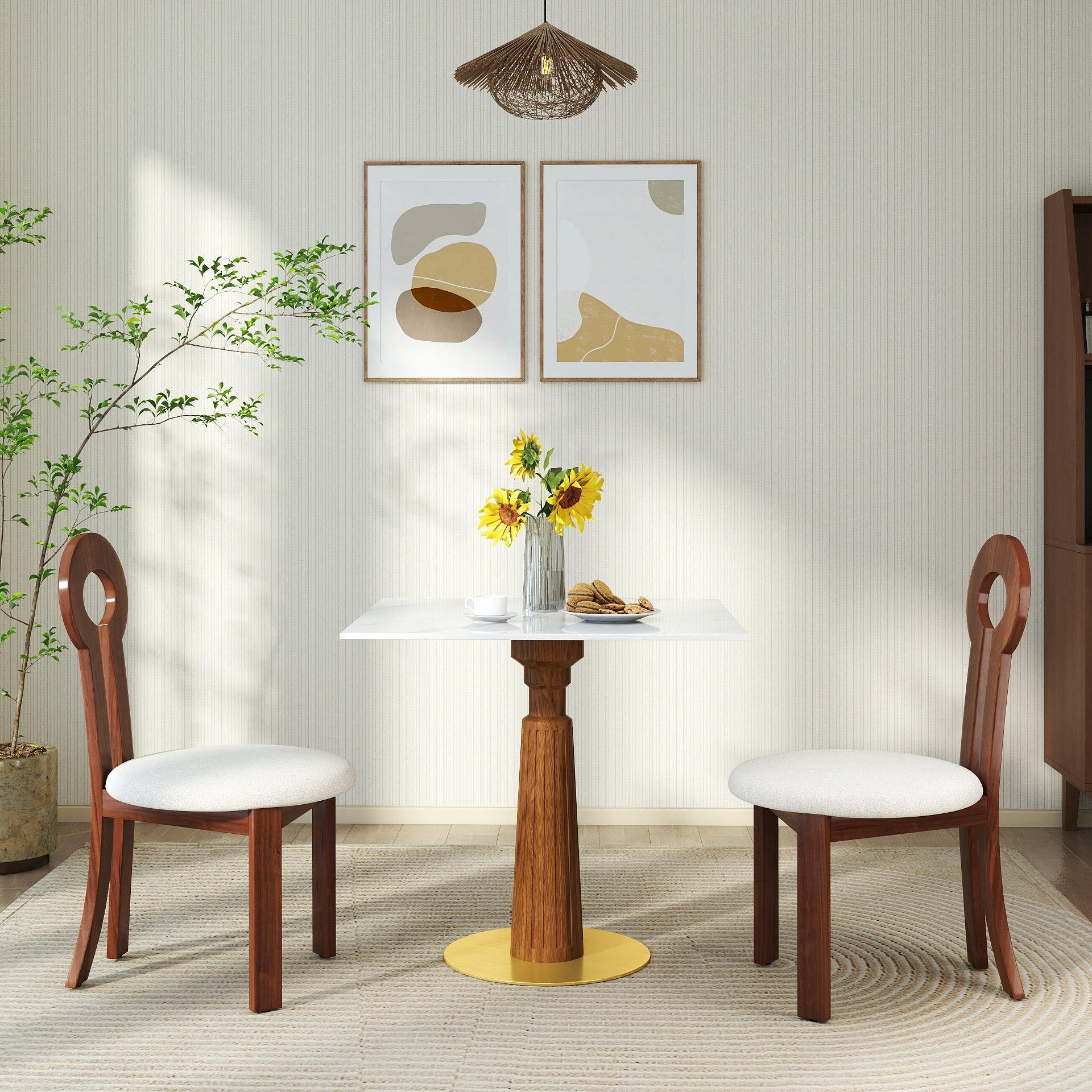 Modern Square Dining Table, 33.5' Sintered Stone Table with Wooden Leg & Gold Base, 2 - Person Kitchen Table for Small Space, 150lbs Weight Capacity(Only the Negotiation Table)
