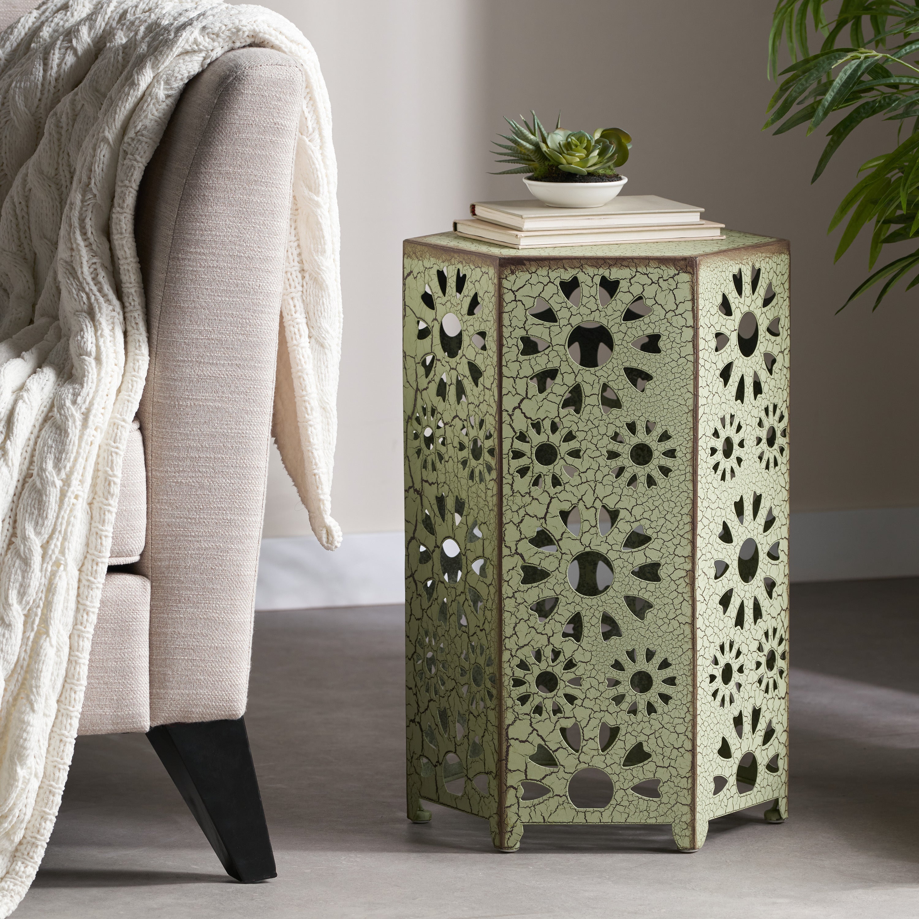 Galore 14' Side Table with Sunburst Cut Out Design, Green