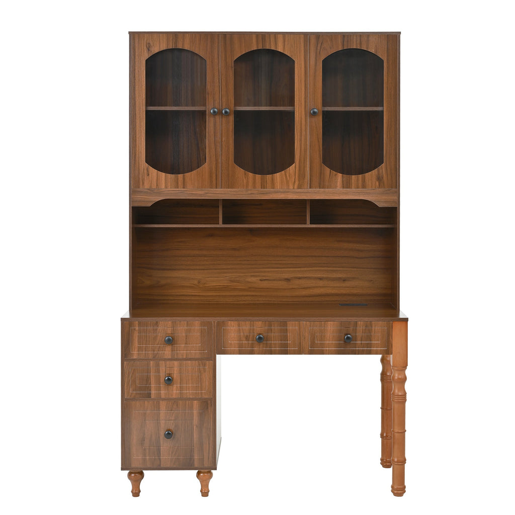 47'' Retro Desk with Charging Ports and Hutch Cabinet, Office Desk with 5 Storage Drawers and Transparent Glass-Door Bookshelf, Executive Computer Desk for Home Office, Bedroom, Walnut