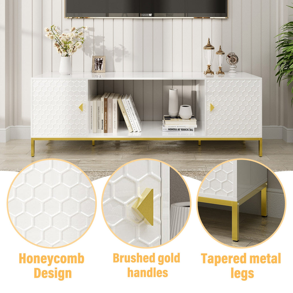 70 Inch TV Stand, Heavy Duty Wood Media Entertainment Center Console with Cabinet Storage & Open Shelves for Living Room, Modern Design (White)