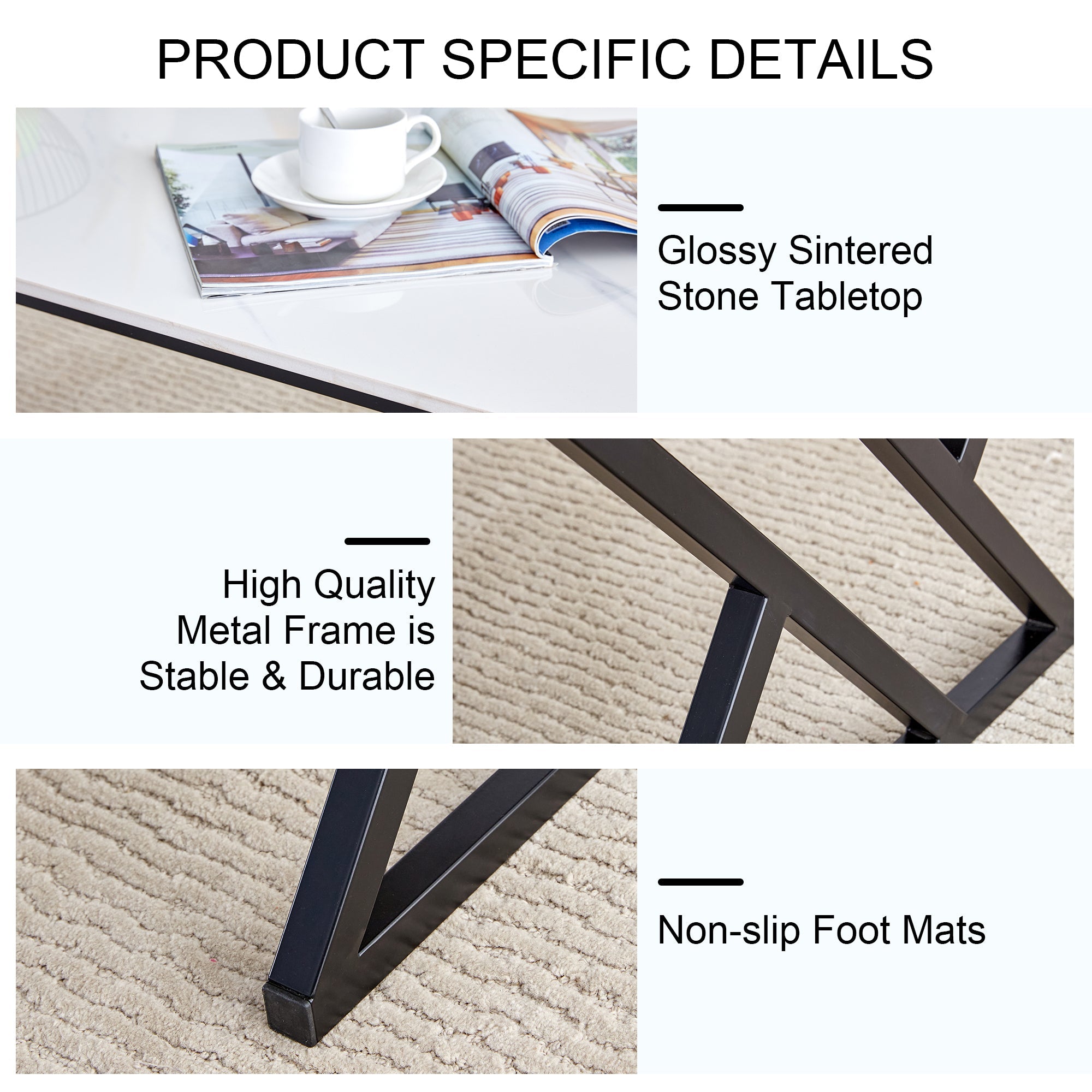 A coffee table made of rock slab material, with a smooth and natural surface that complements the modern design of the black metal legs, making it suitable for living rooms of all sizes.47*23.6
