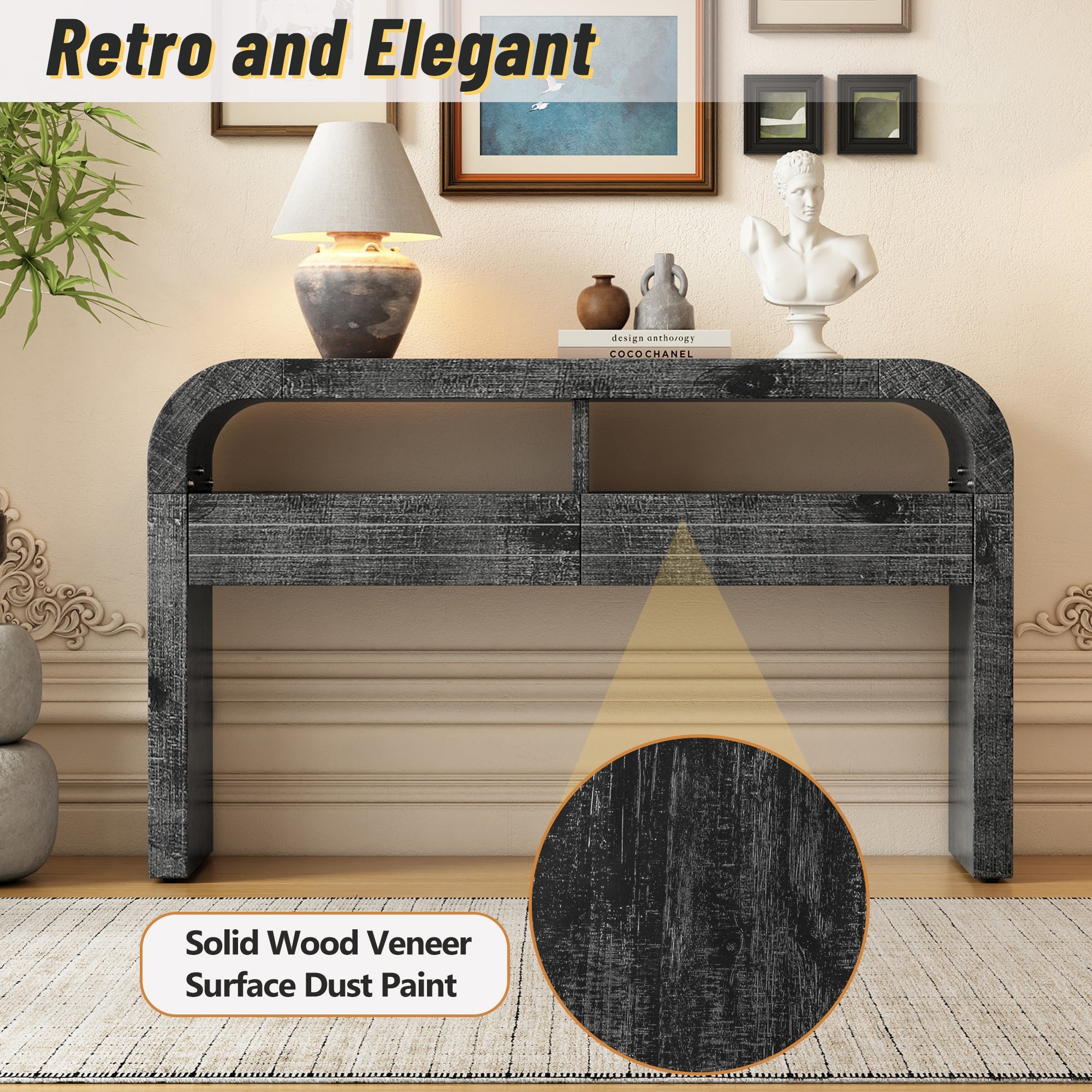 TREXM Console Table Entryway Table, Retro Curved Sofa Table with 2 Large Drawers, Narrow Console Table for Living Room Hallway Entrance, 52''×14''×31.5'', Antique Black