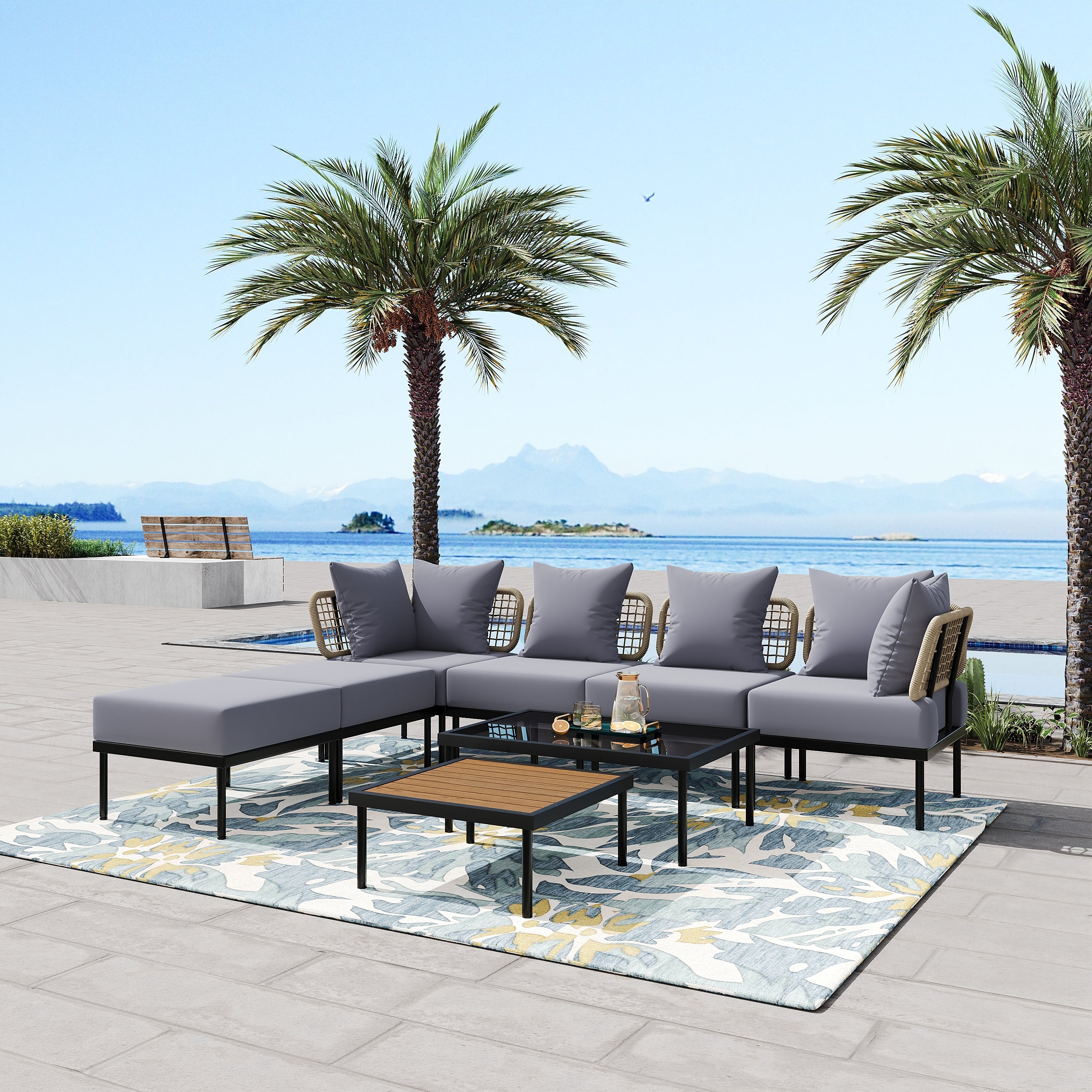TREXM 8-Piece Patio Sectional Sofa Set with Tempered Glass Coffee Table and Wooden Coffee Table for Outdoor Oasis, Garden, Patio and Poolside (Light Grey Cushion + Black Steel)