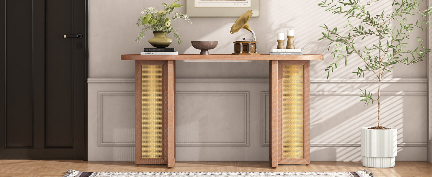 TREXM Farmhouse Rattan Console Table Entryway Table, Narrow Console Table with Storage, Hallway Table for Living Room, Entrance (Natural Wood Wash)