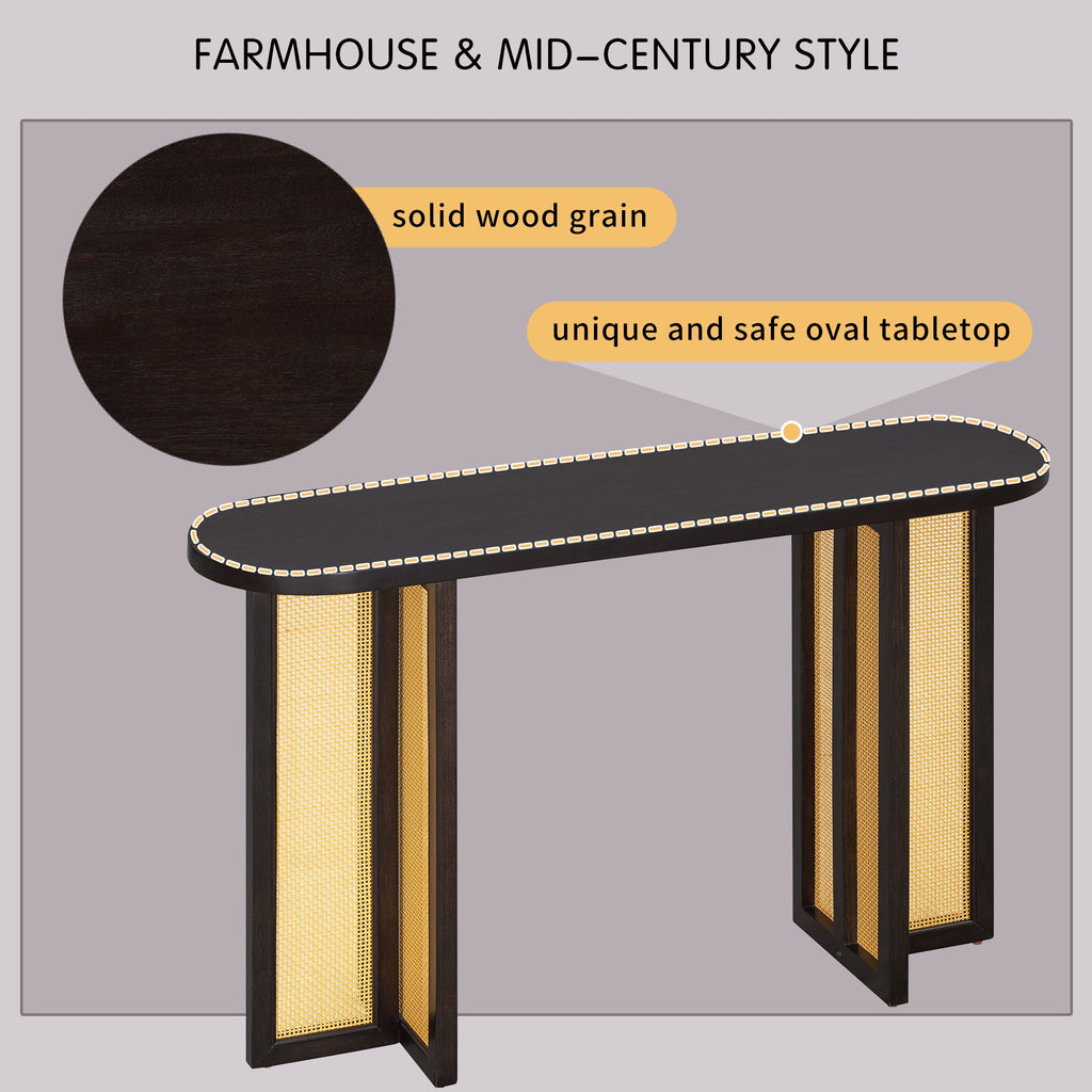 TREXM Farmhouse Rattan Console Table Entryway Table, Narrow Console Table with Storage, Hallway Table for Living Room, Entrance (Espresso)