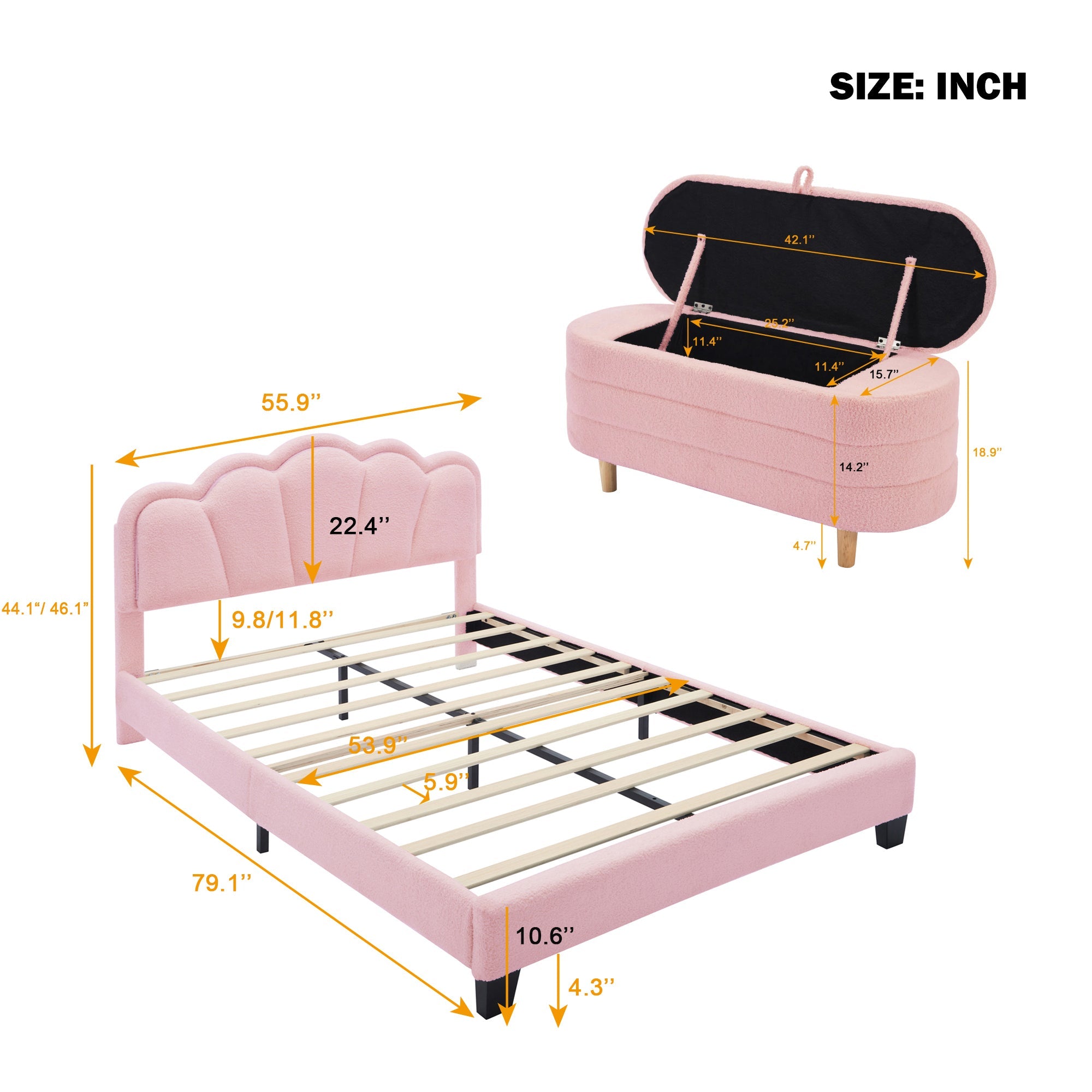 2-Pieces Bedroom Sets Full Size Flower-Shaped Upholstered LED Platform Bed with Storage Ottoman-Sherpa Fabric, Pink