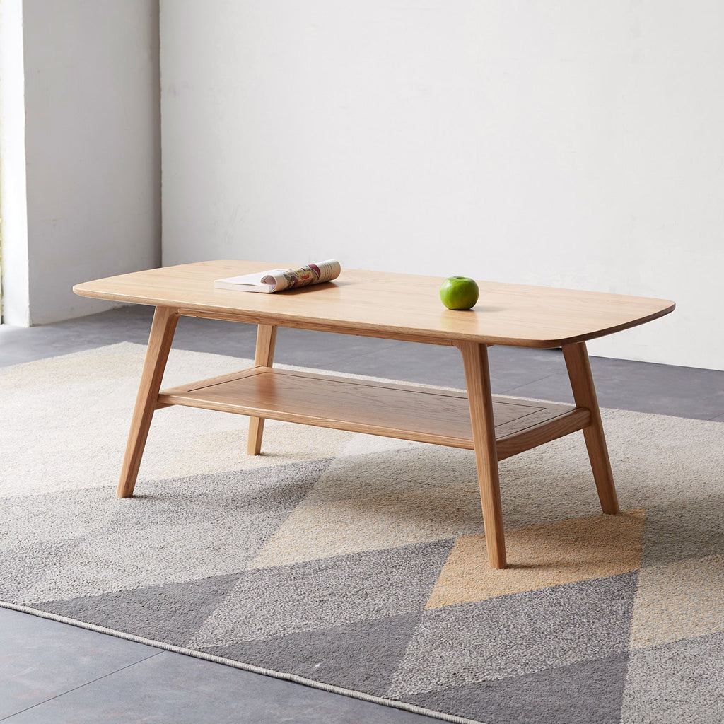 Natural Solid Wood Coffee Table with Storage Shelf, Easy Assembly, Oak Finish, 39.4 Inches