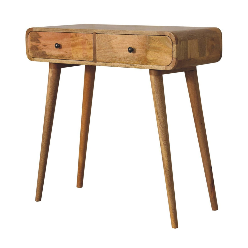 Solid Wood Oak-ish Curved Hallway Table, Artisan, 2-Drawers, Nordic Legs, Light Brown